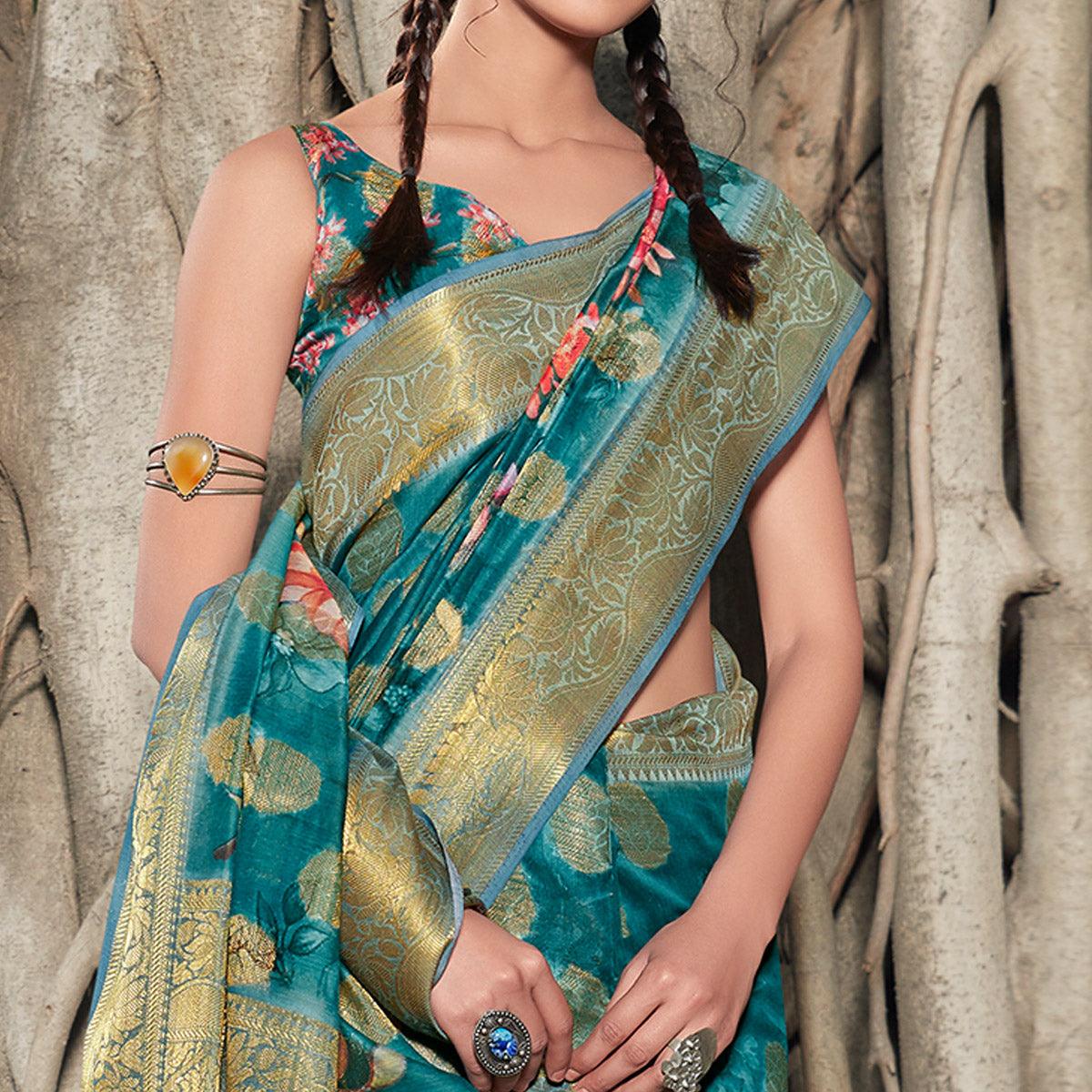 Jazzy Blue Colored Festive Wear Digital Printed Soft Linen Saree