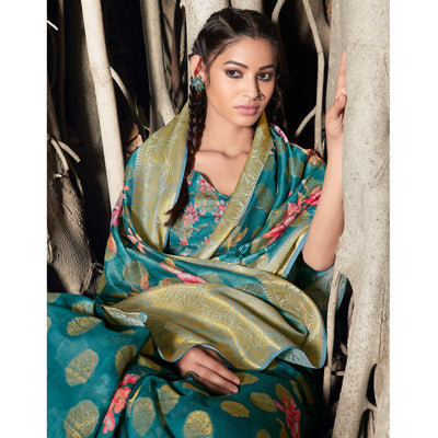 Jazzy Blue Colored Festive Wear Digital Printed Soft Linen Saree