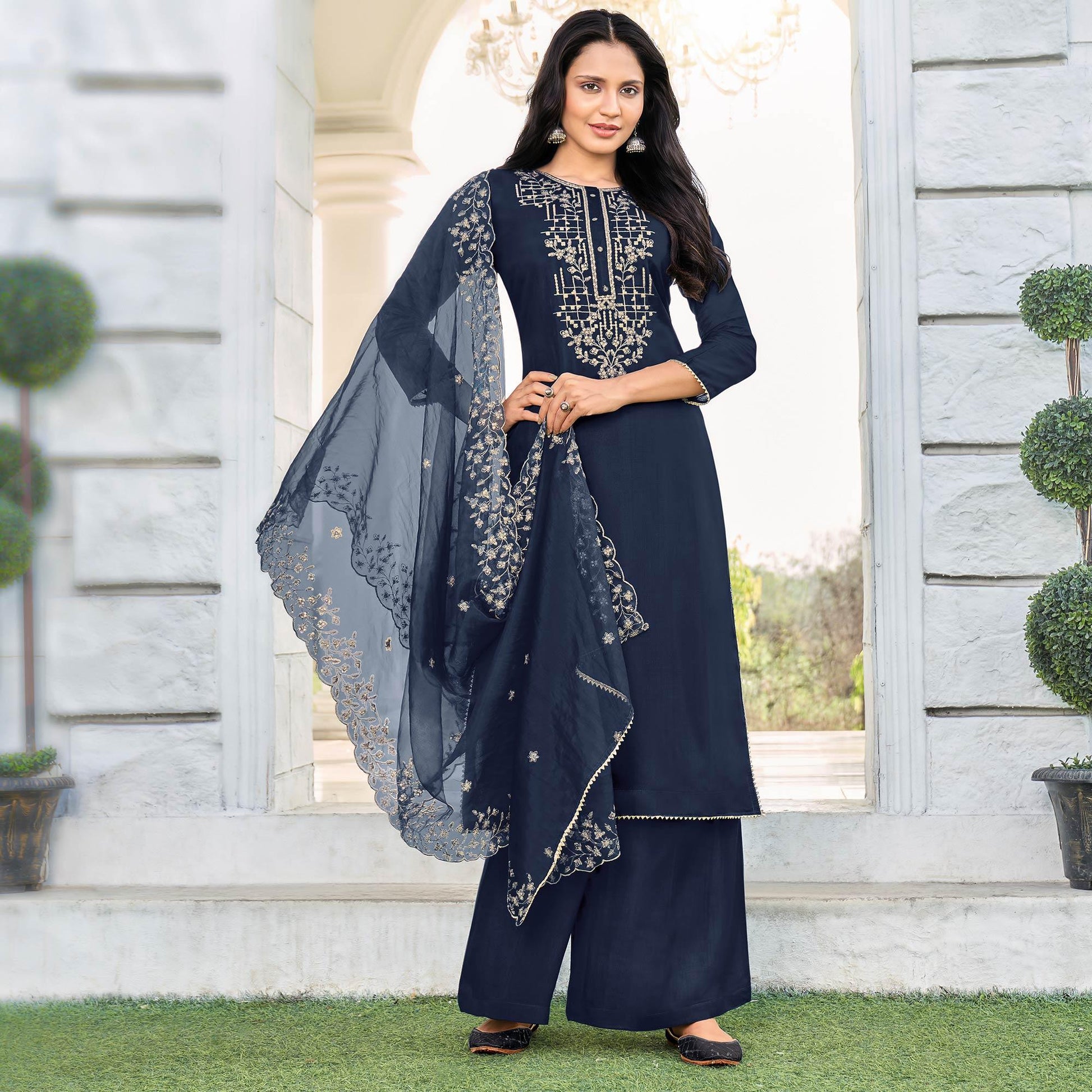 Jazzy Blue Colored Festive Wear Embroidered Art Silk Dress Material