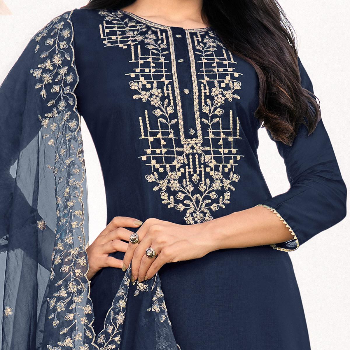 Jazzy Blue Colored Festive Wear Embroidered Art Silk Dress Material