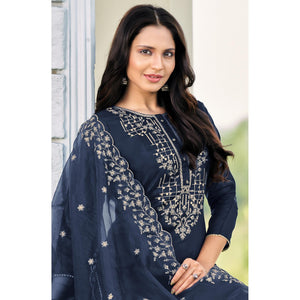 Jazzy Blue Colored Festive Wear Embroidered Art Silk Dress Material