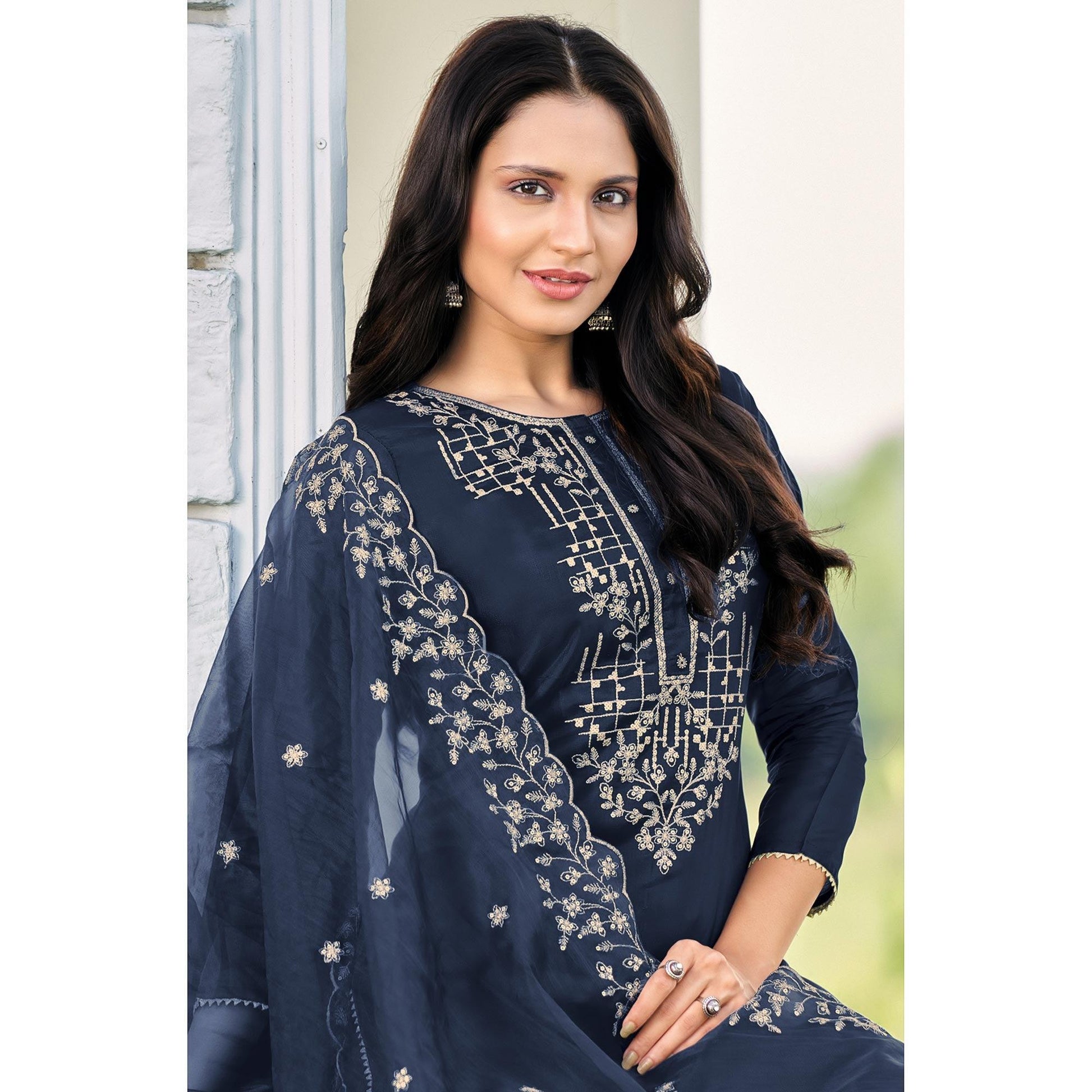 Jazzy Blue Colored Festive Wear Embroidered Art Silk Dress Material