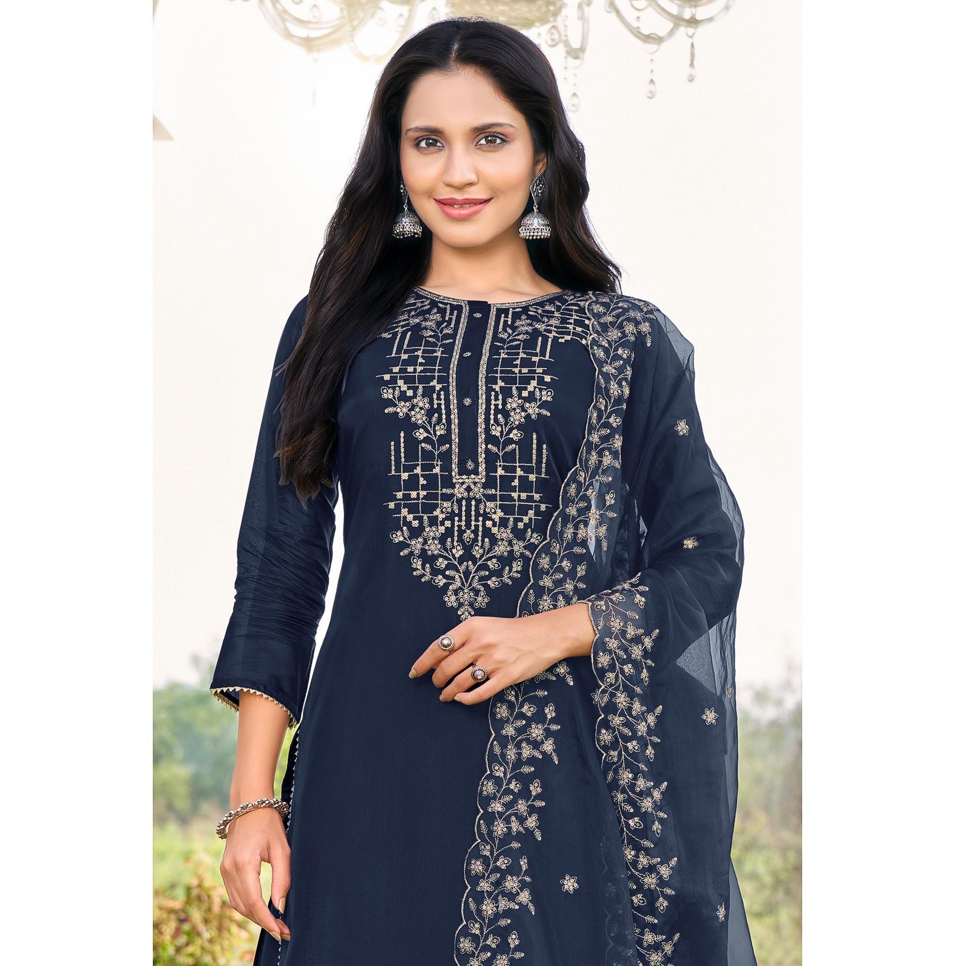 Jazzy Blue Colored Festive Wear Embroidered Art Silk Dress Material