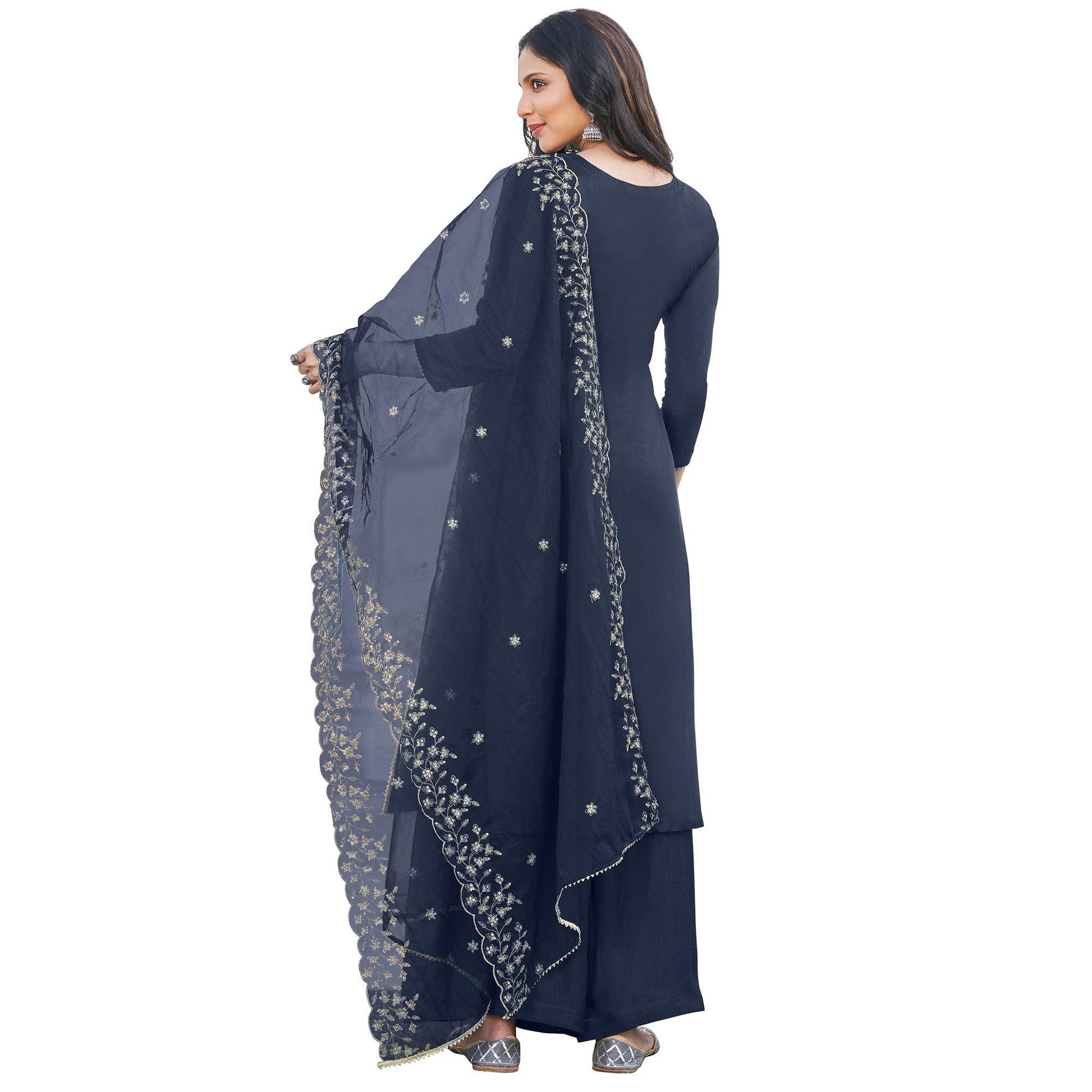 Jazzy Blue Colored Festive Wear Embroidered Art Silk Dress Material