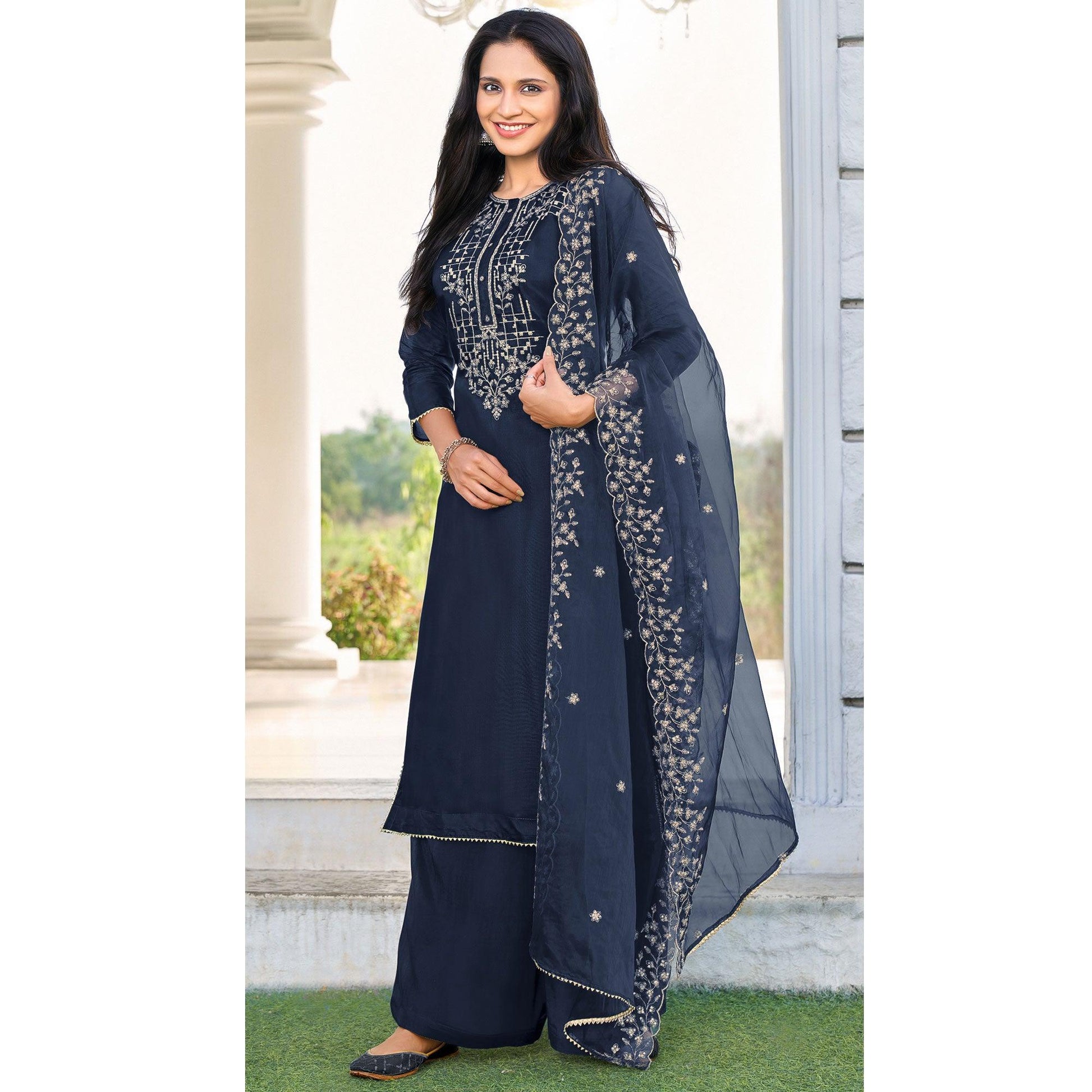 Jazzy Blue Colored Festive Wear Embroidered Art Silk Dress Material