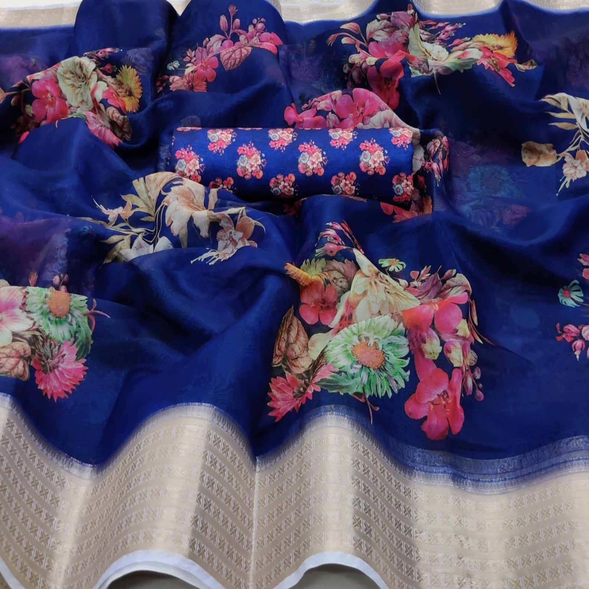 Jazzy Blue Colored Partywear Digital Printed Georgette Saree