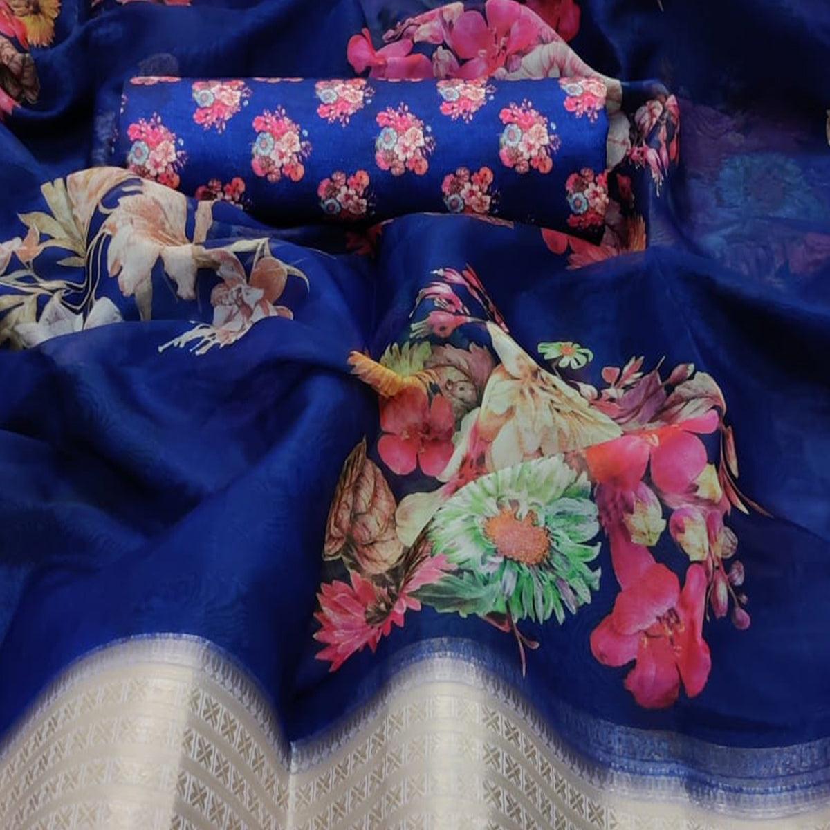 Jazzy Blue Colored Partywear Digital Printed Georgette Saree