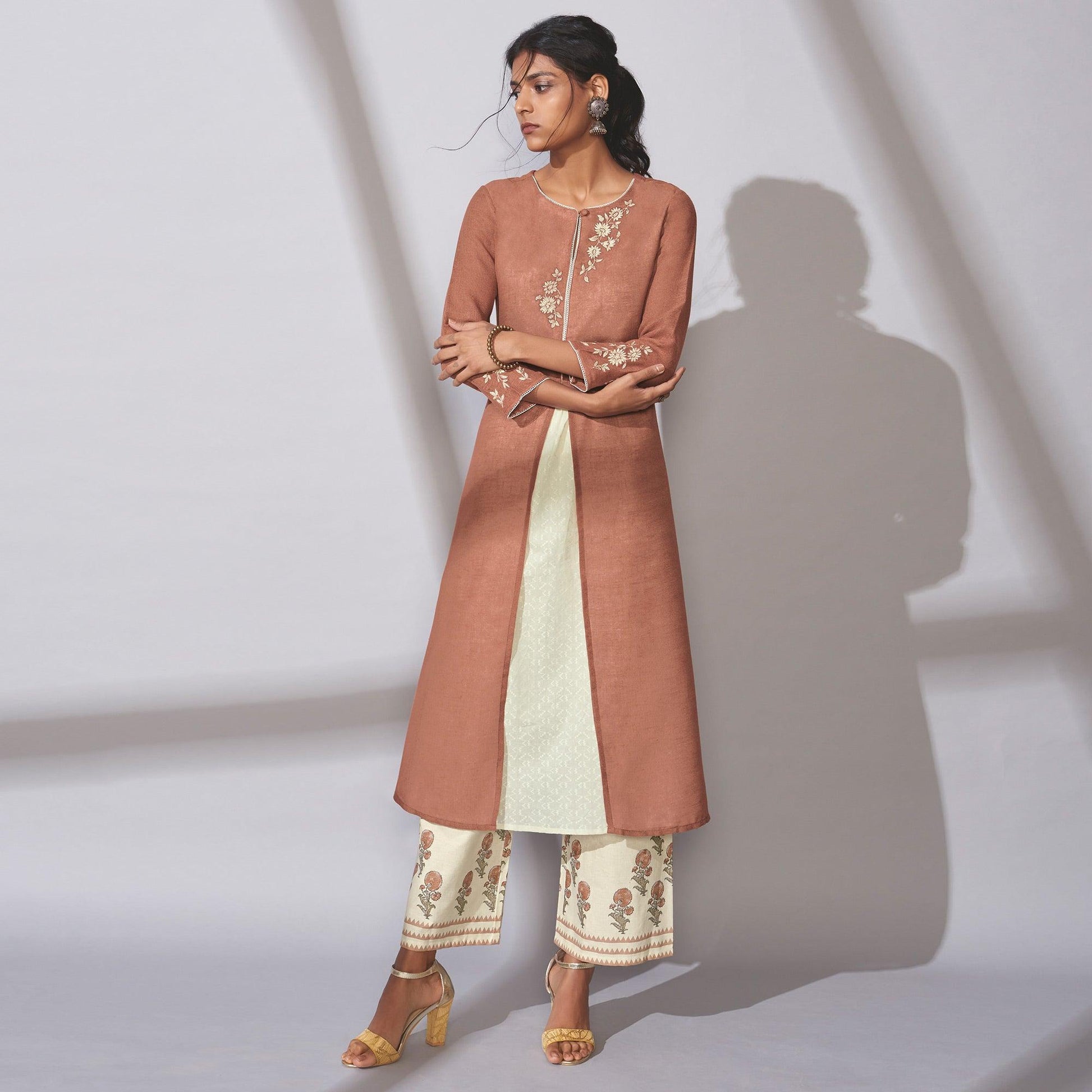 Jazzy Brown Colored Party Wear Embroidered Khadi Cotton Kurti-Palazzo Set
