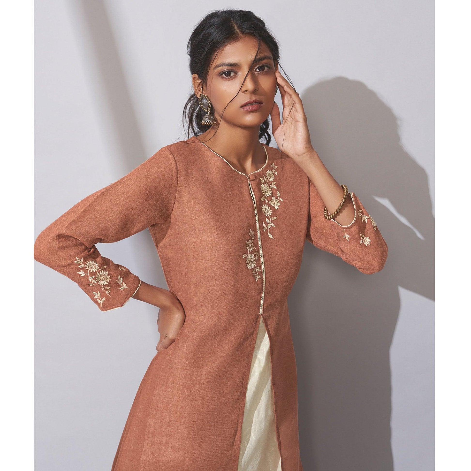 Jazzy Brown Colored Party Wear Embroidered Khadi Cotton Kurti-Palazzo Set