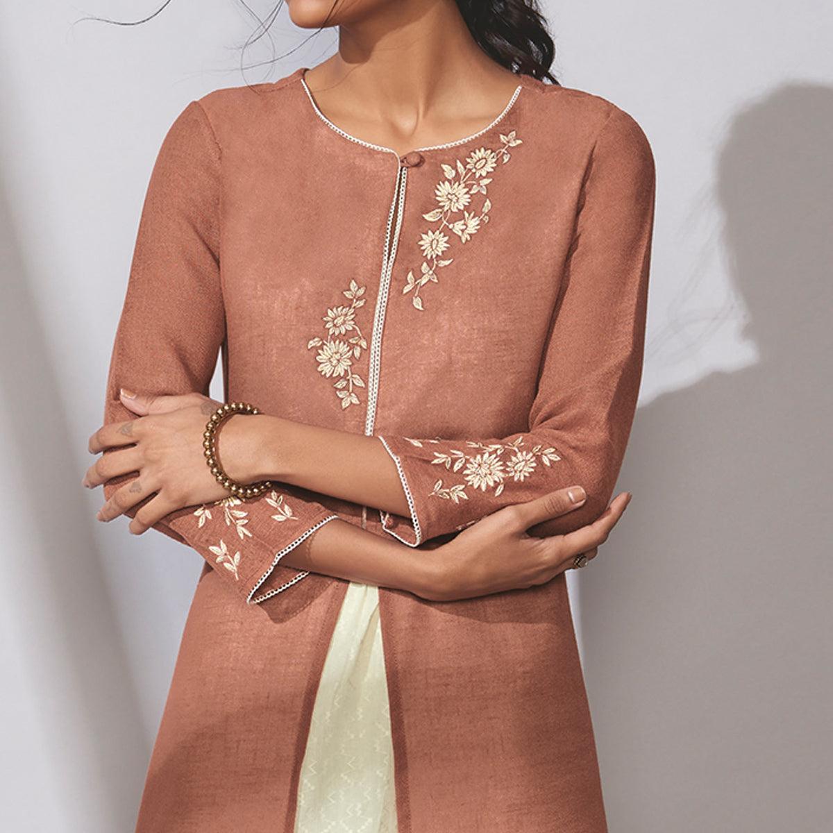 Jazzy Brown Colored Party Wear Embroidered Khadi Cotton Kurti-Palazzo Set