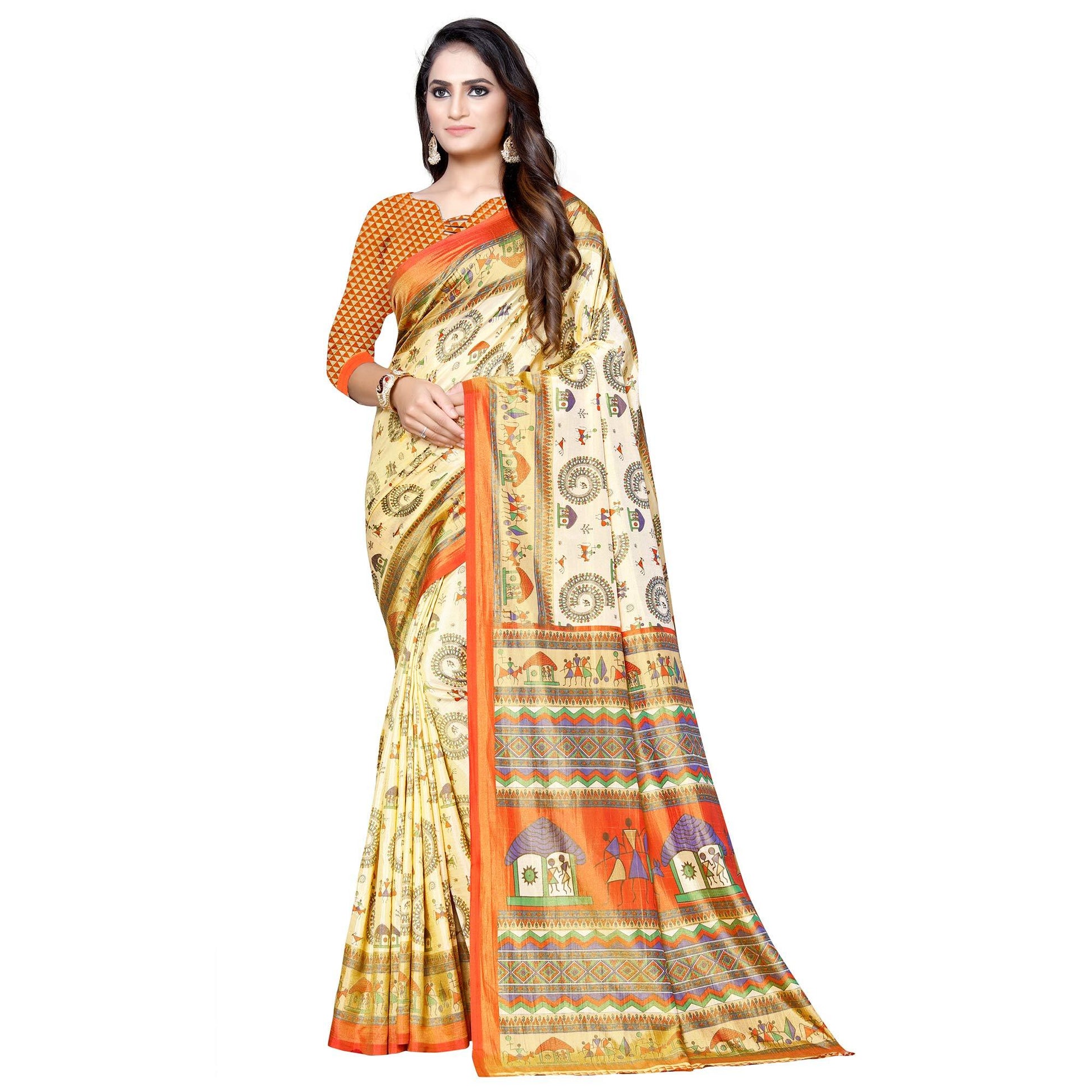 Jazzy Cream-Orange Colored Casual Printed Art Silk Saree