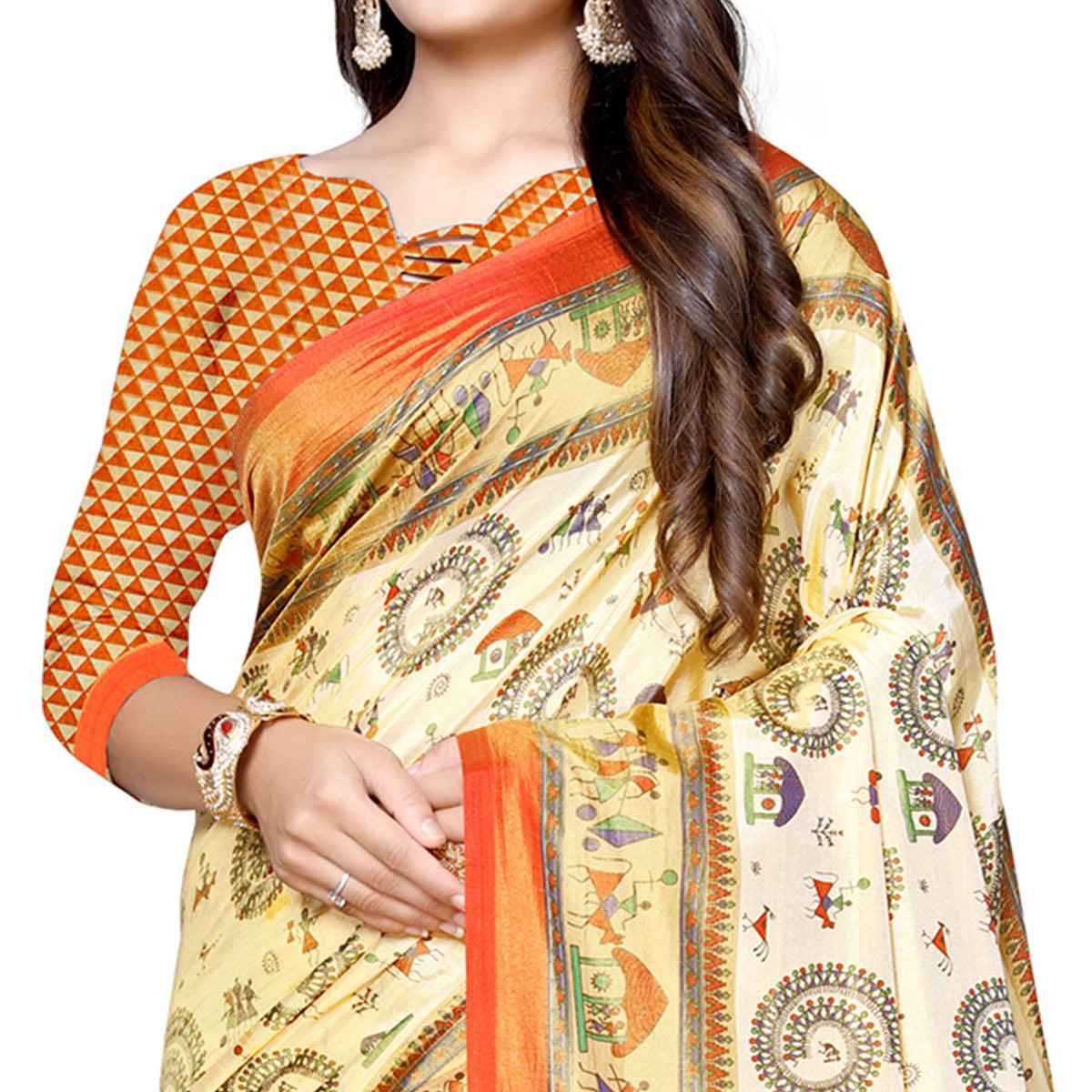Jazzy Cream-Orange Colored Casual Printed Art Silk Saree