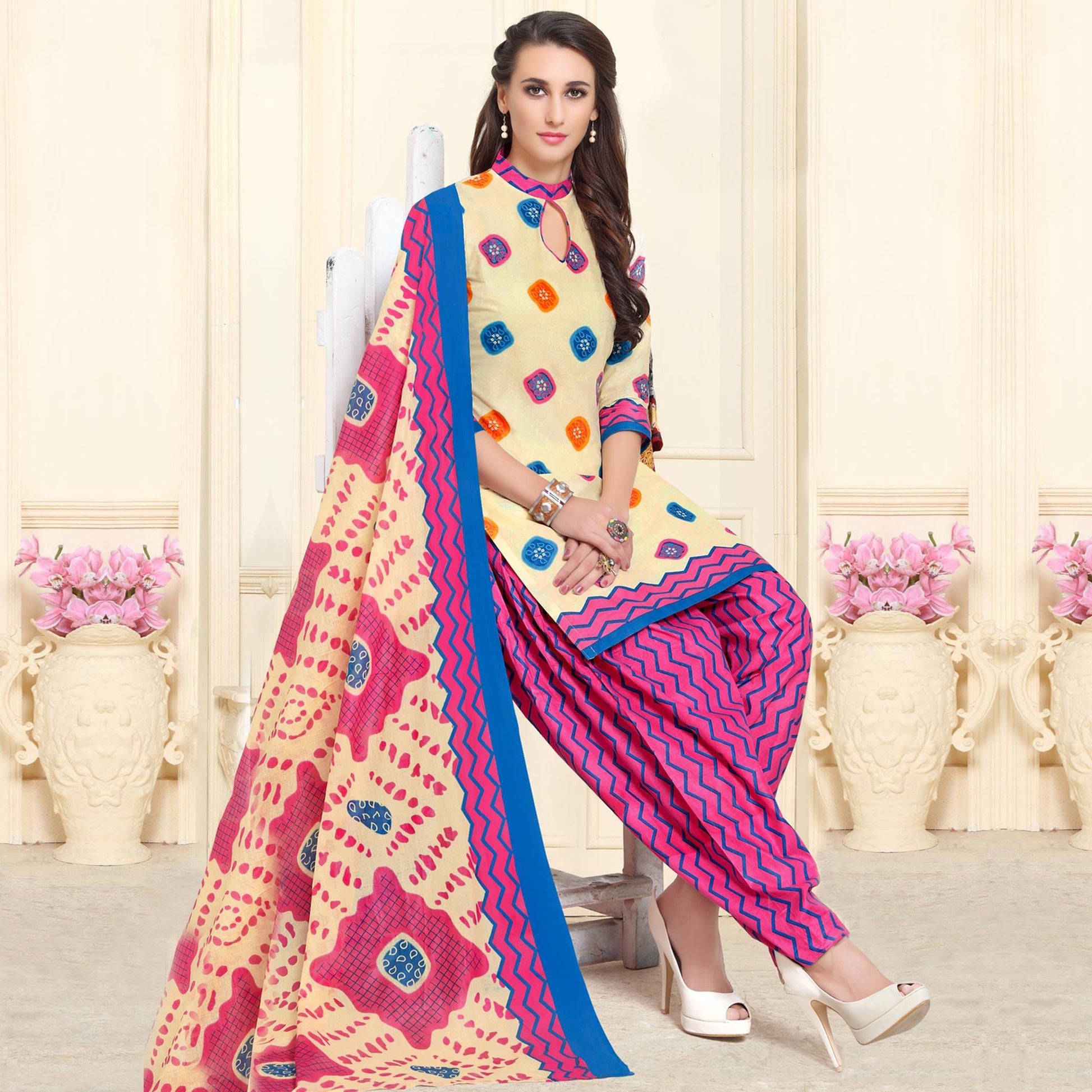 Jazzy Cream-Pink Colored Casual Wear Printed Cotton Patiala Dress Material