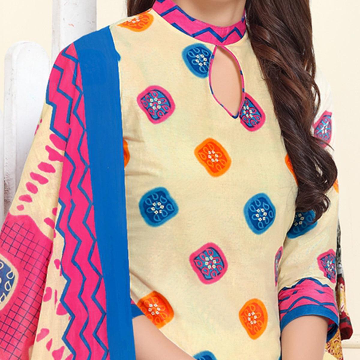 Jazzy Cream-Pink Colored Casual Wear Printed Cotton Patiala Dress Material