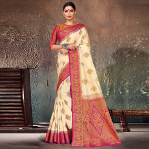 Jazzy Cream-Pink Colored Festive Wear Woven Cotton Silk Saree