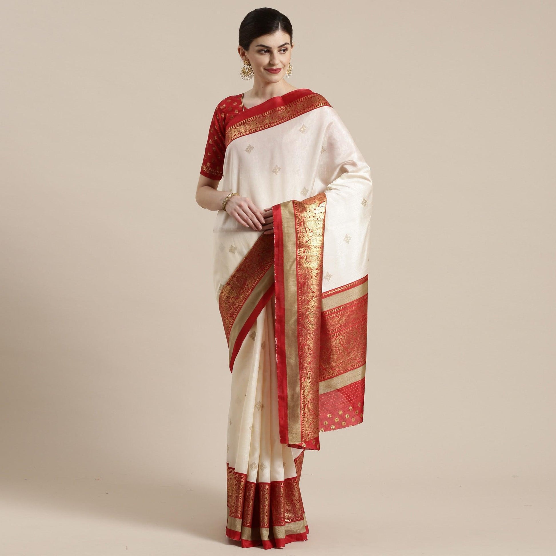 Jazzy Cream-Red Colored Festive Wear Paisely Foli Print Patola Silk Saree