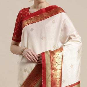 Jazzy Cream-Red Colored Festive Wear Paisely Foli Print Patola Silk Saree