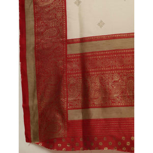 Jazzy Cream-Red Colored Festive Wear Paisely Foli Print Patola Silk Saree