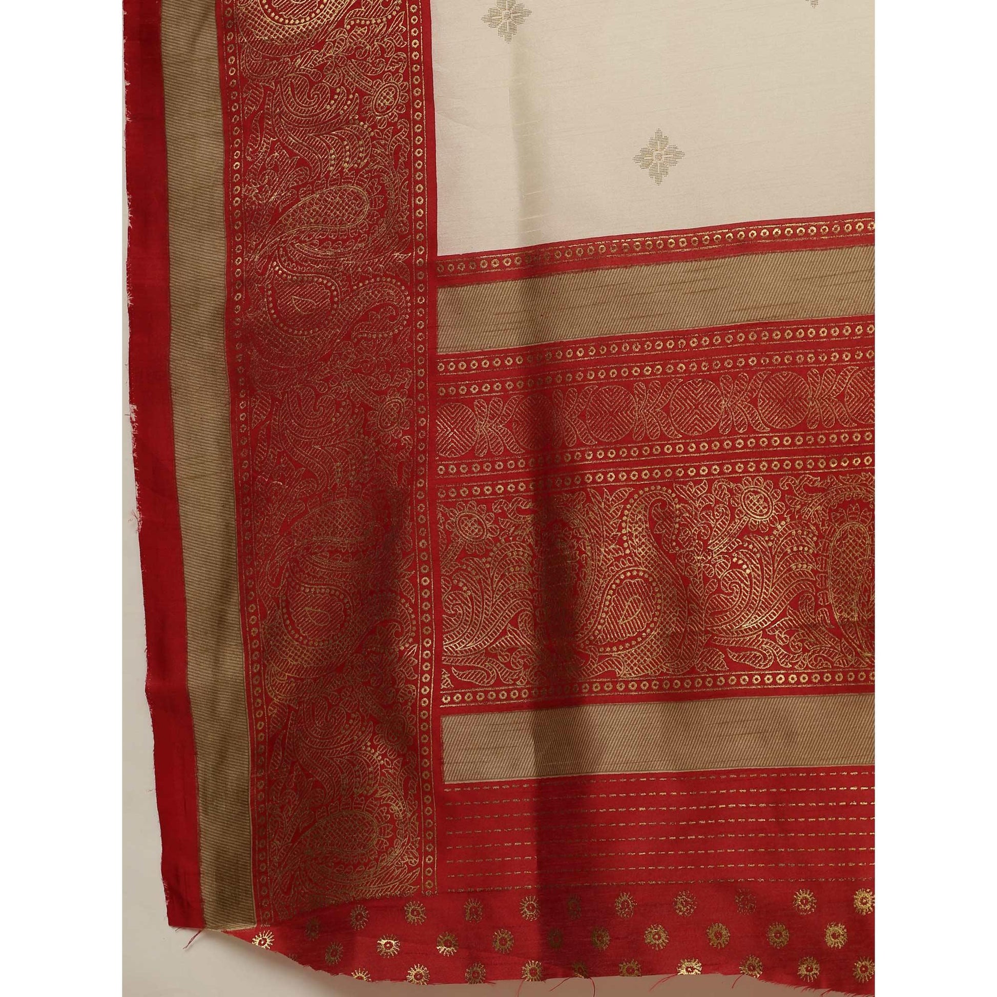 Jazzy Cream-Red Colored Festive Wear Paisely Foli Print Patola Silk Saree