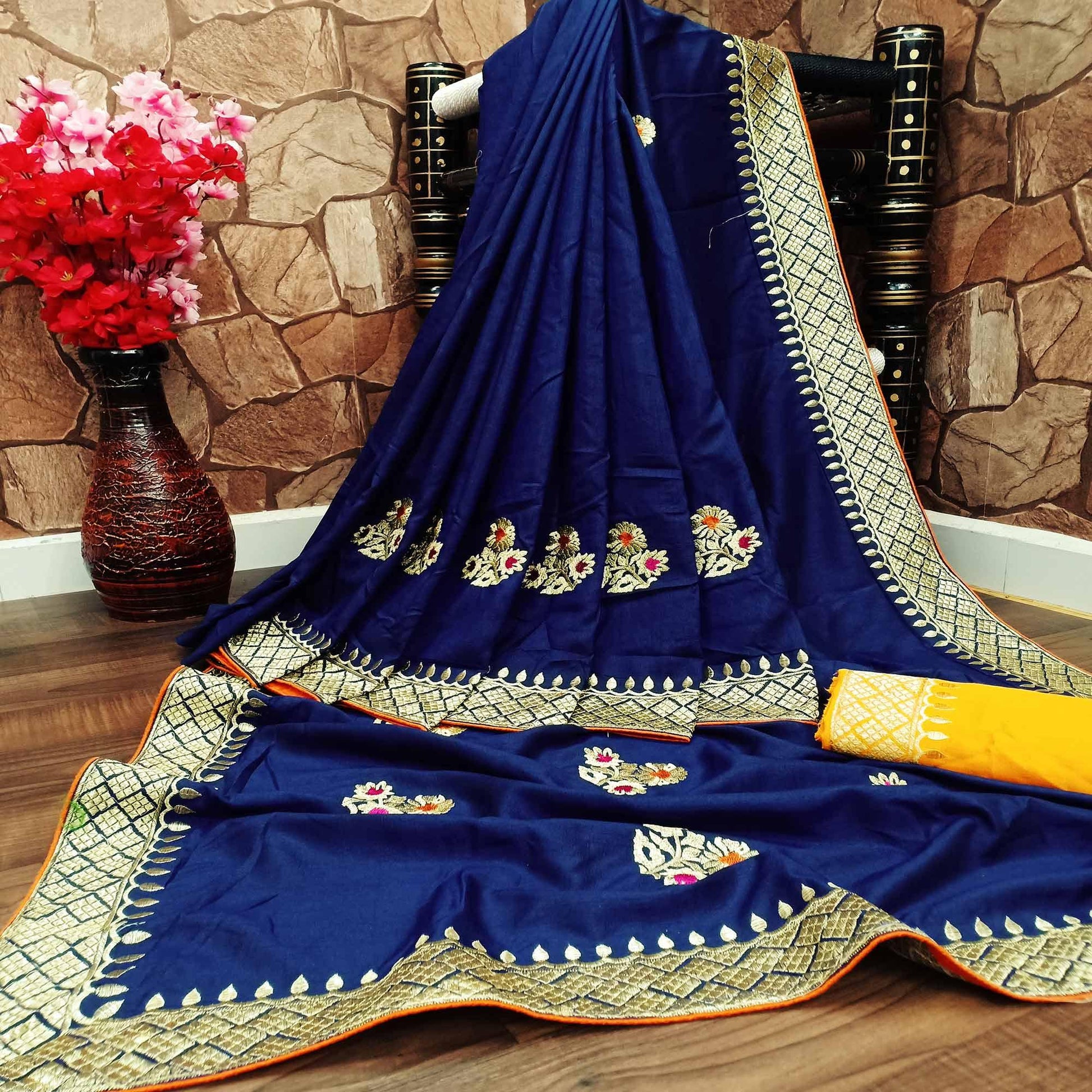 Jazzy Dark Blue Colored Festive Wear Woven Dola Silk Saree