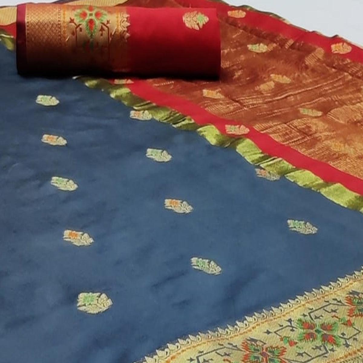 Jazzy Dark Grey Colored Festive Wear Woven Silk Saree
