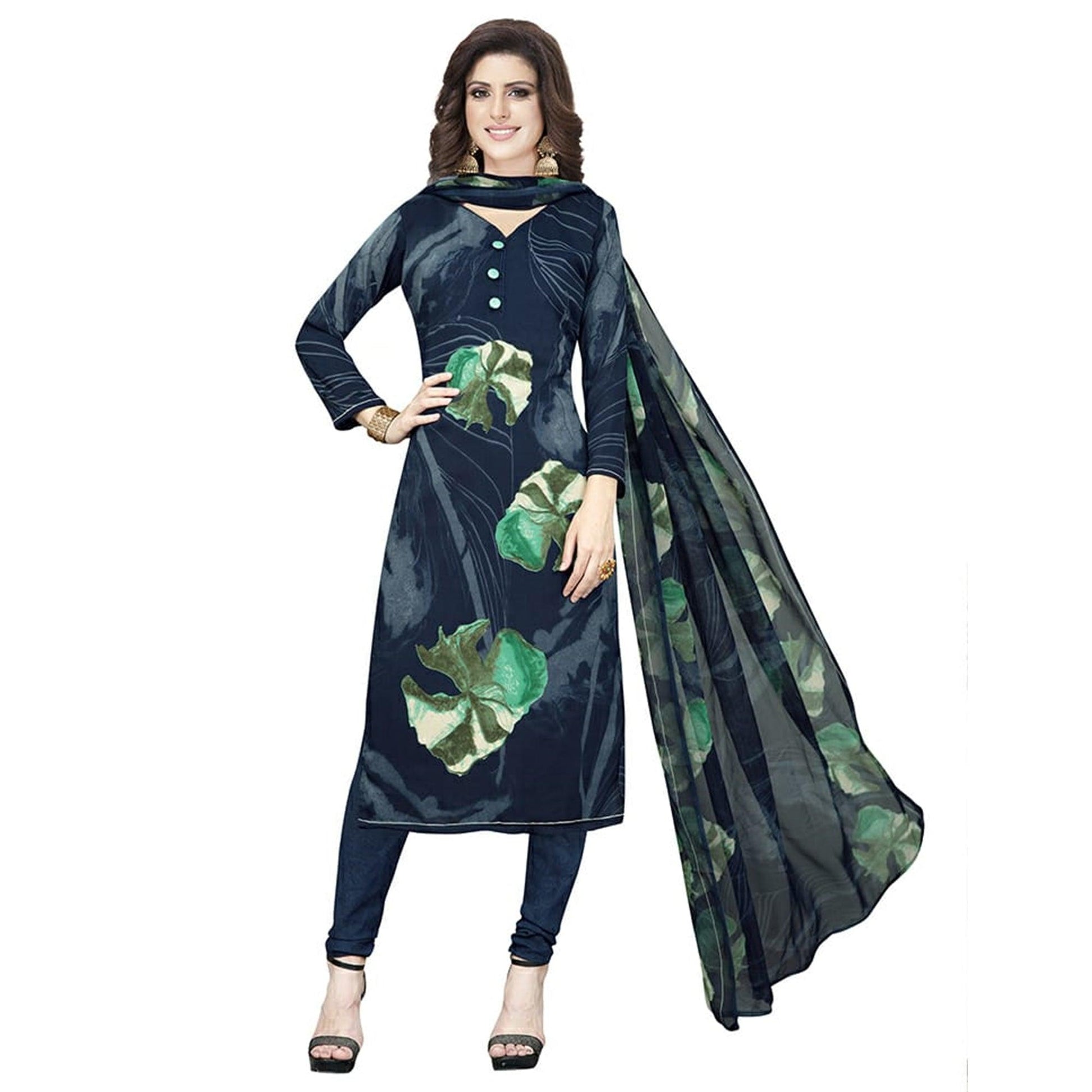 Jazzy Dark Navy Blue Colored Casual Printed Crepe Churidar Dress Material