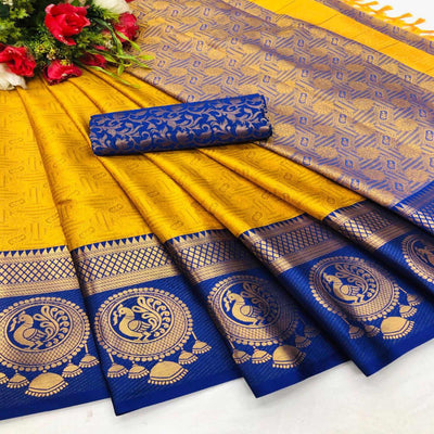 Jazzy Gold Coloured Casual Wear Printed Self Cotton Silk Saree