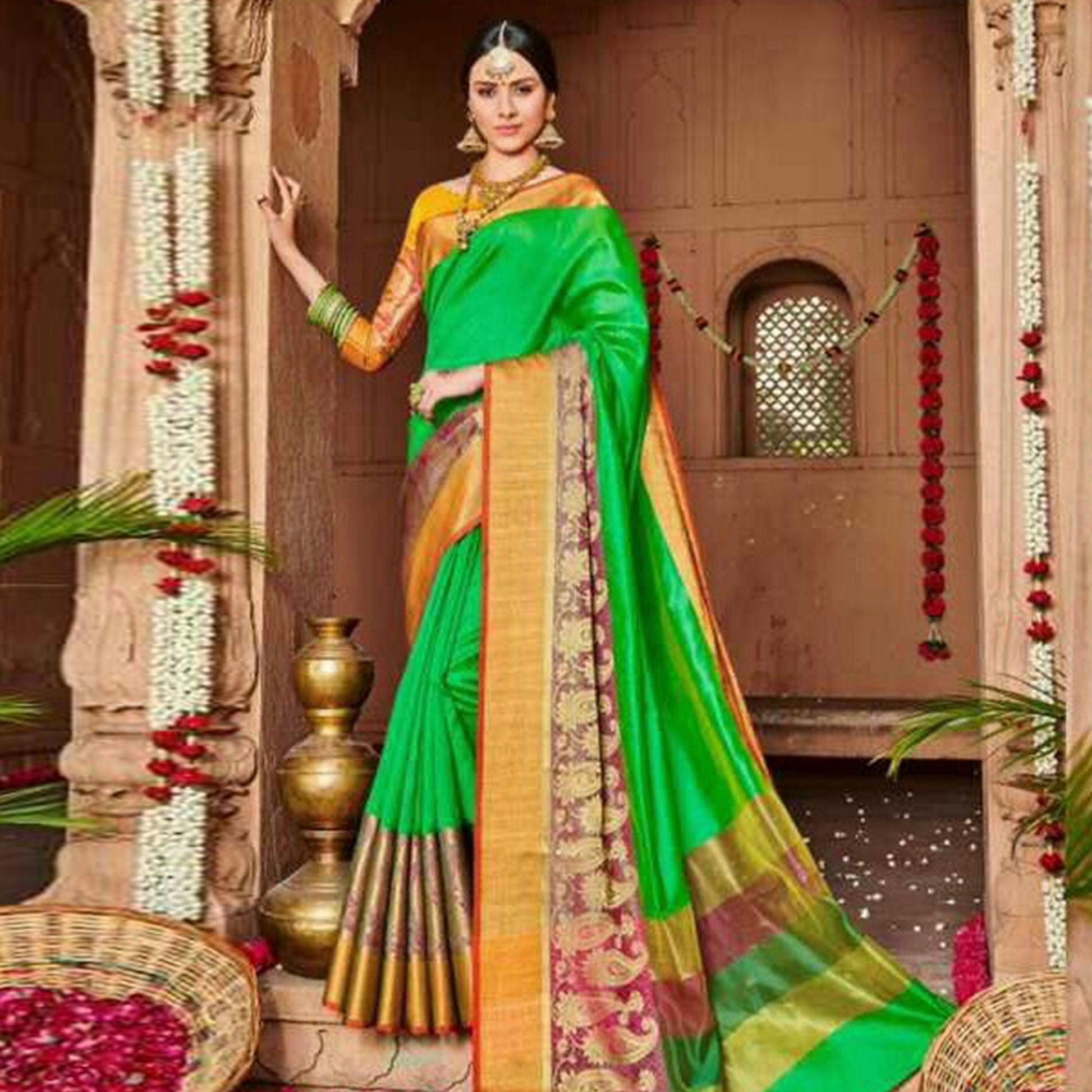 Jazzy Green Colored Festive Wear Woven Art Silk Saree
