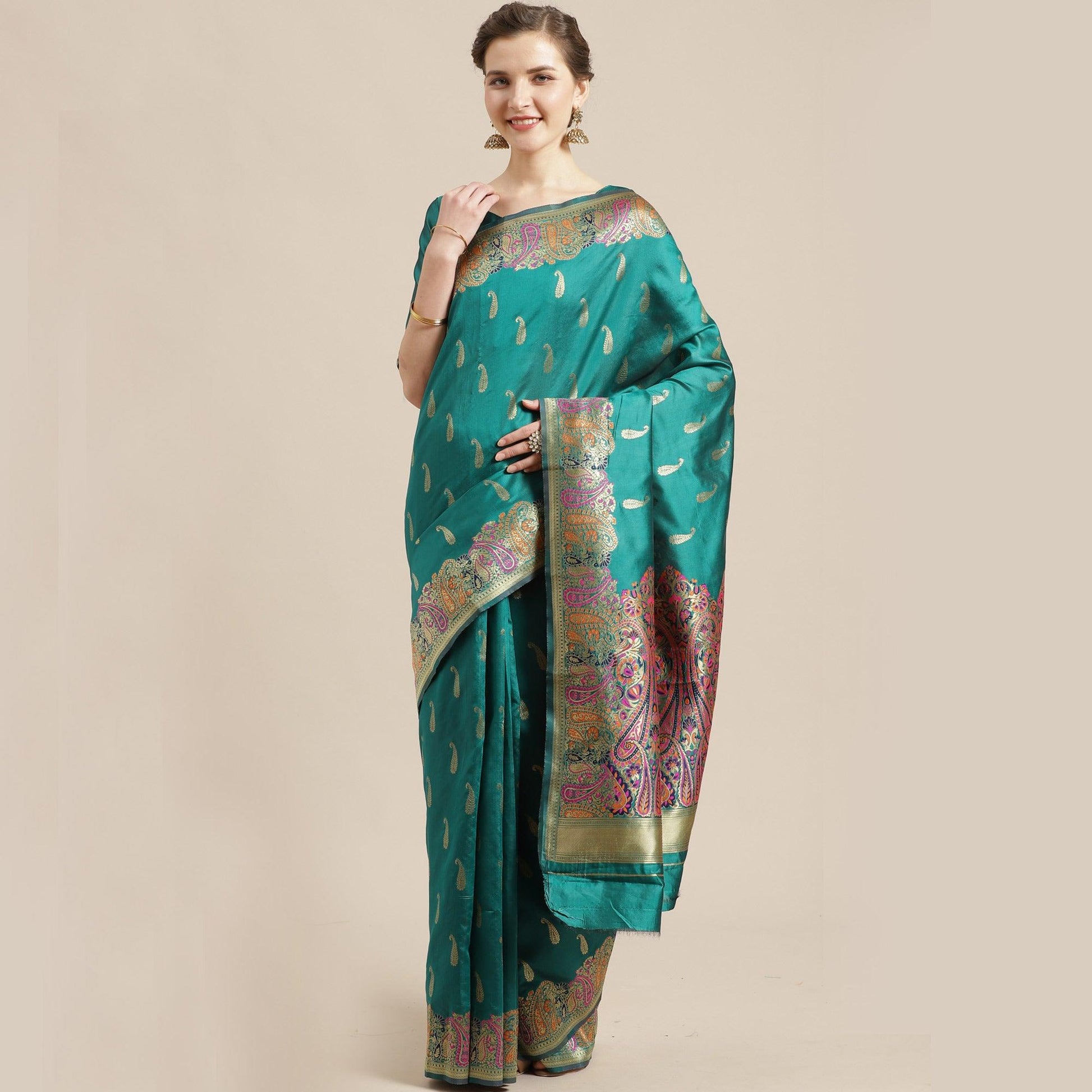 Jazzy Green Colored Festive Wear Woven Silk Blend Saree