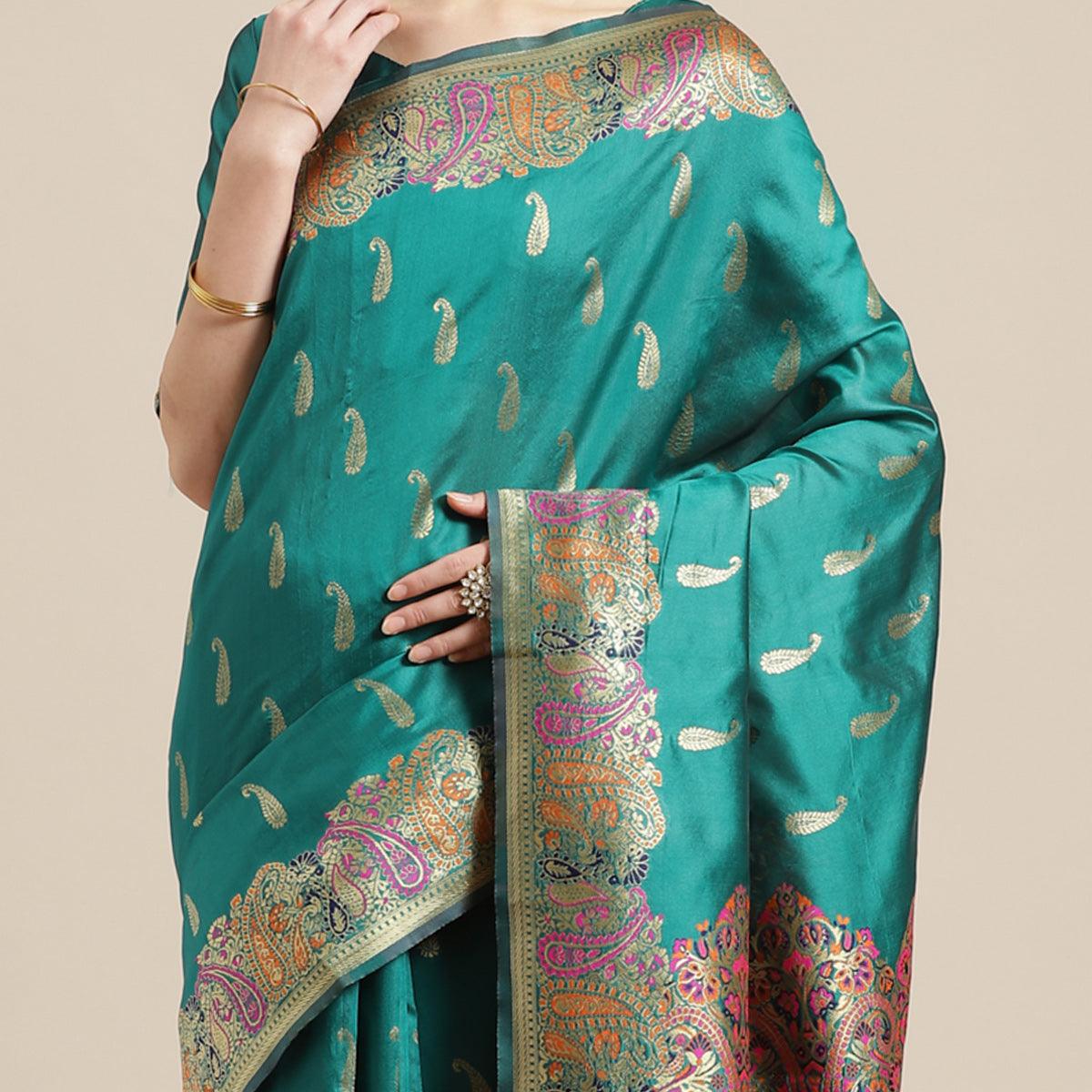 Jazzy Green Colored Festive Wear Woven Silk Blend Saree