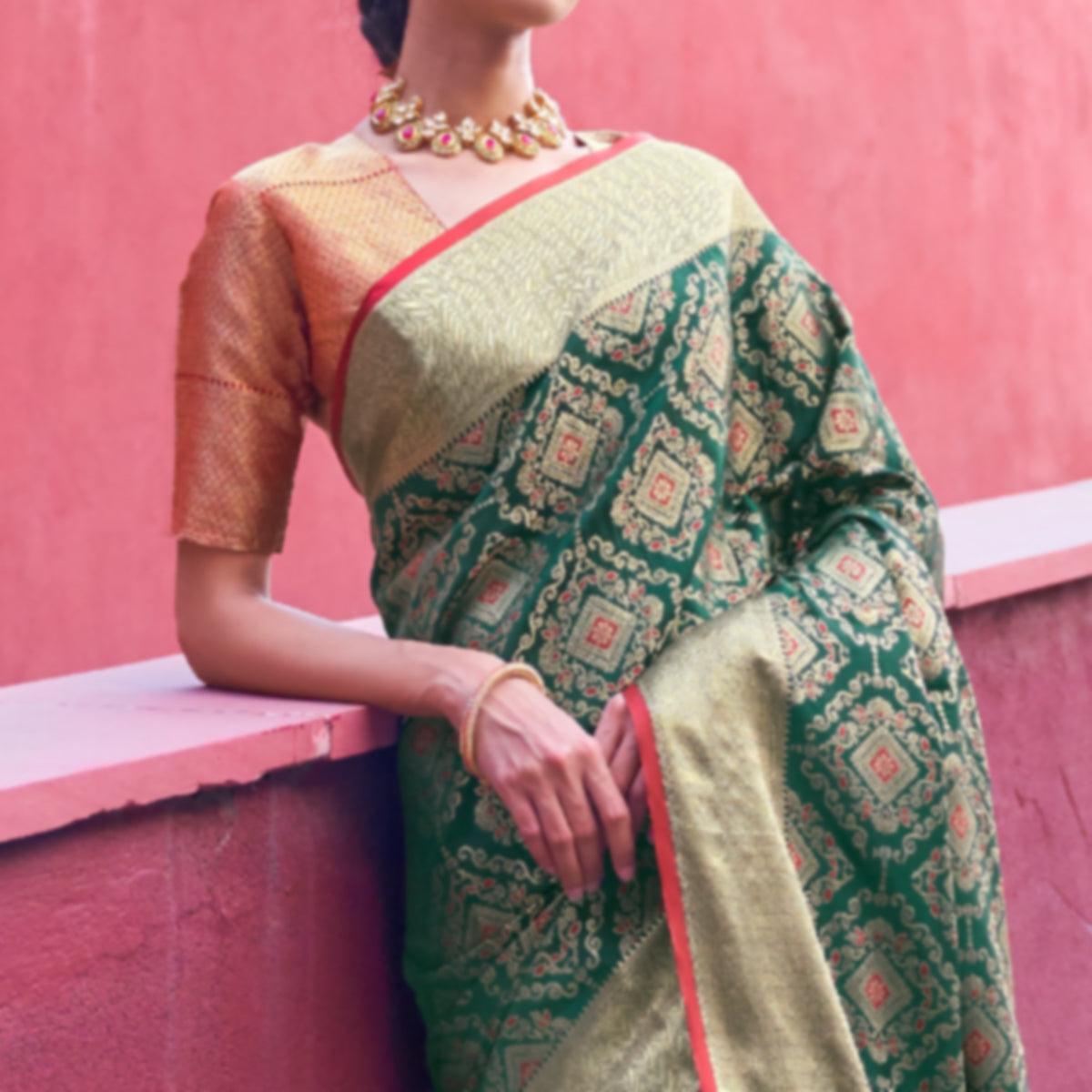 Jazzy Green Colored Festive Wear Woven Silk Saree