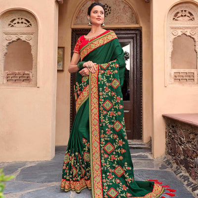 Jazzy Green Colored Partywear Embroidered Satin - Gerogette Saree