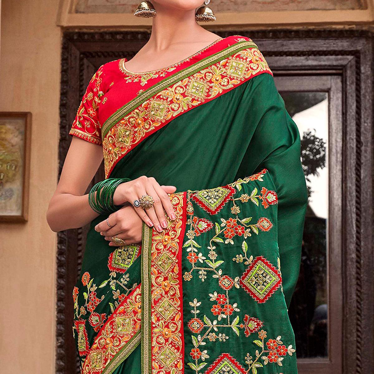 Jazzy Green Colored Partywear Embroidered Satin - Gerogette Saree