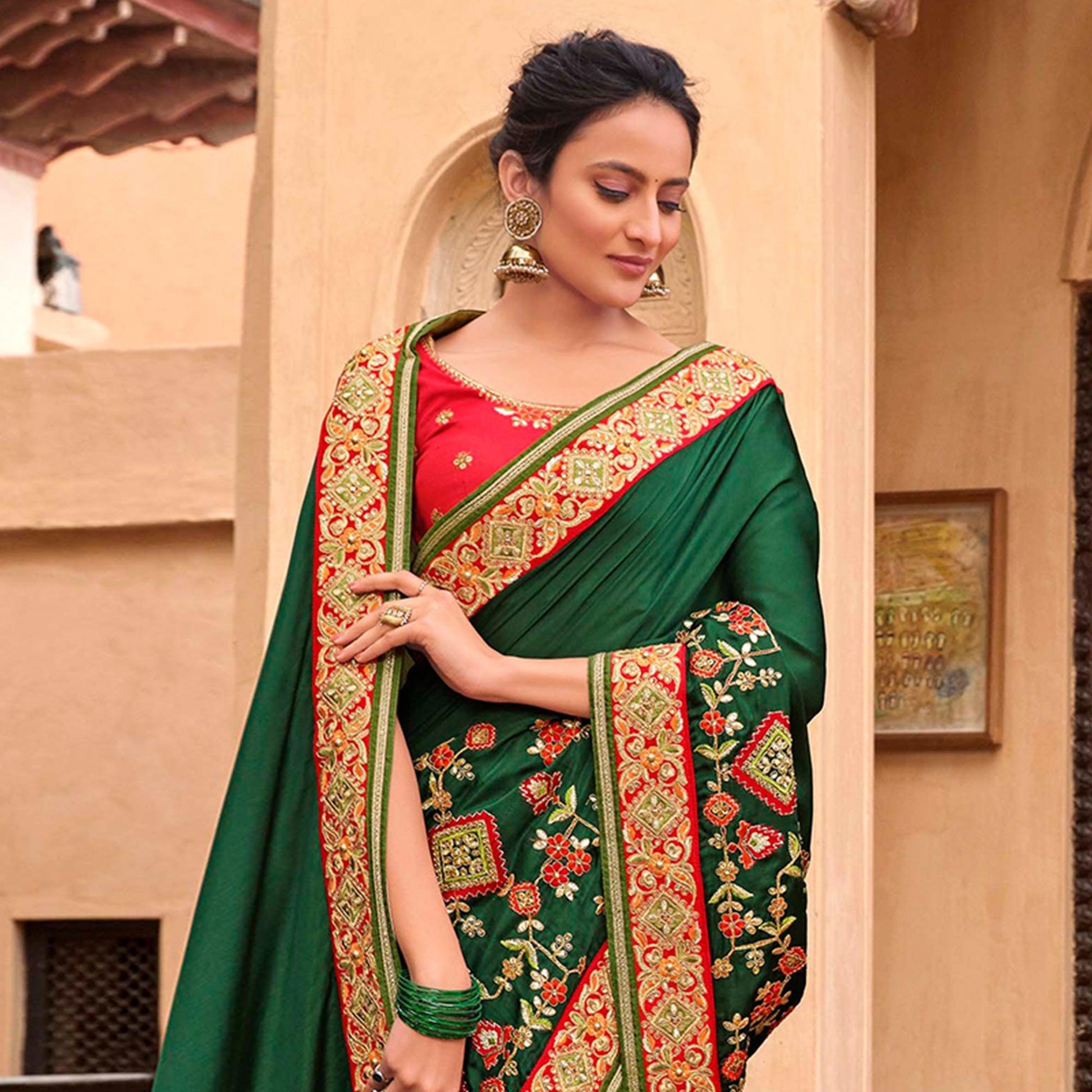 Jazzy Green Colored Partywear Embroidered Satin - Gerogette Saree