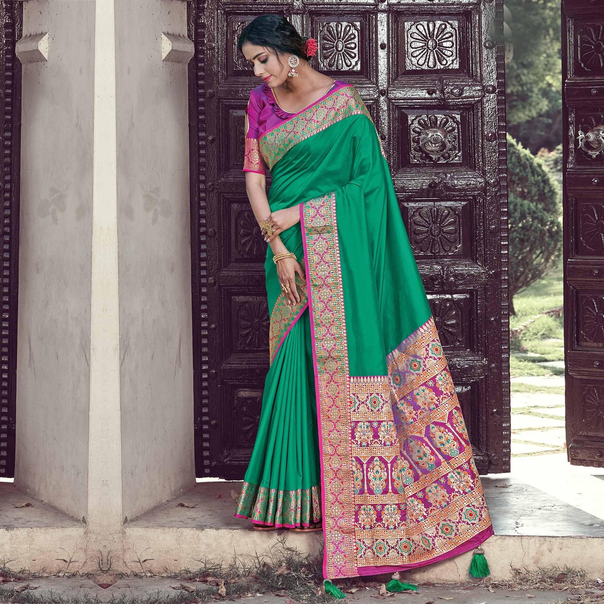 Jazzy Green Coloured Partywear Woven Silk Saree