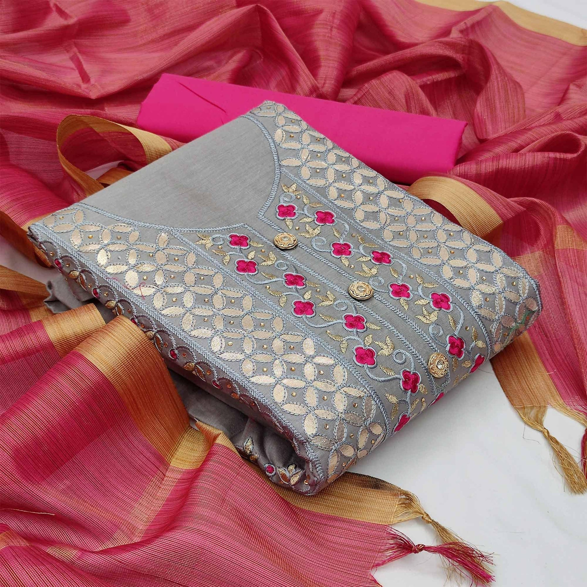 Jazzy Grey Colored Casual Embroidered Cotton Dress Material