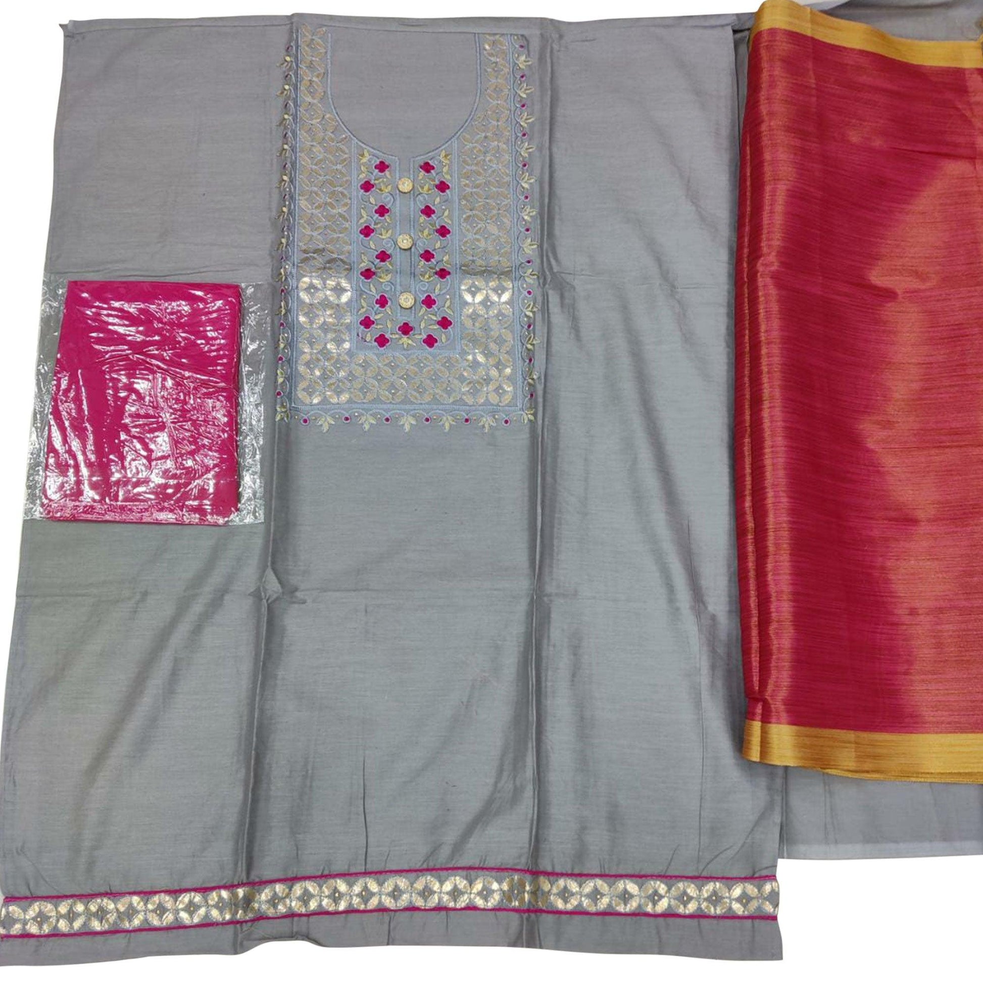 Jazzy Grey Colored Casual Embroidered Cotton Dress Material