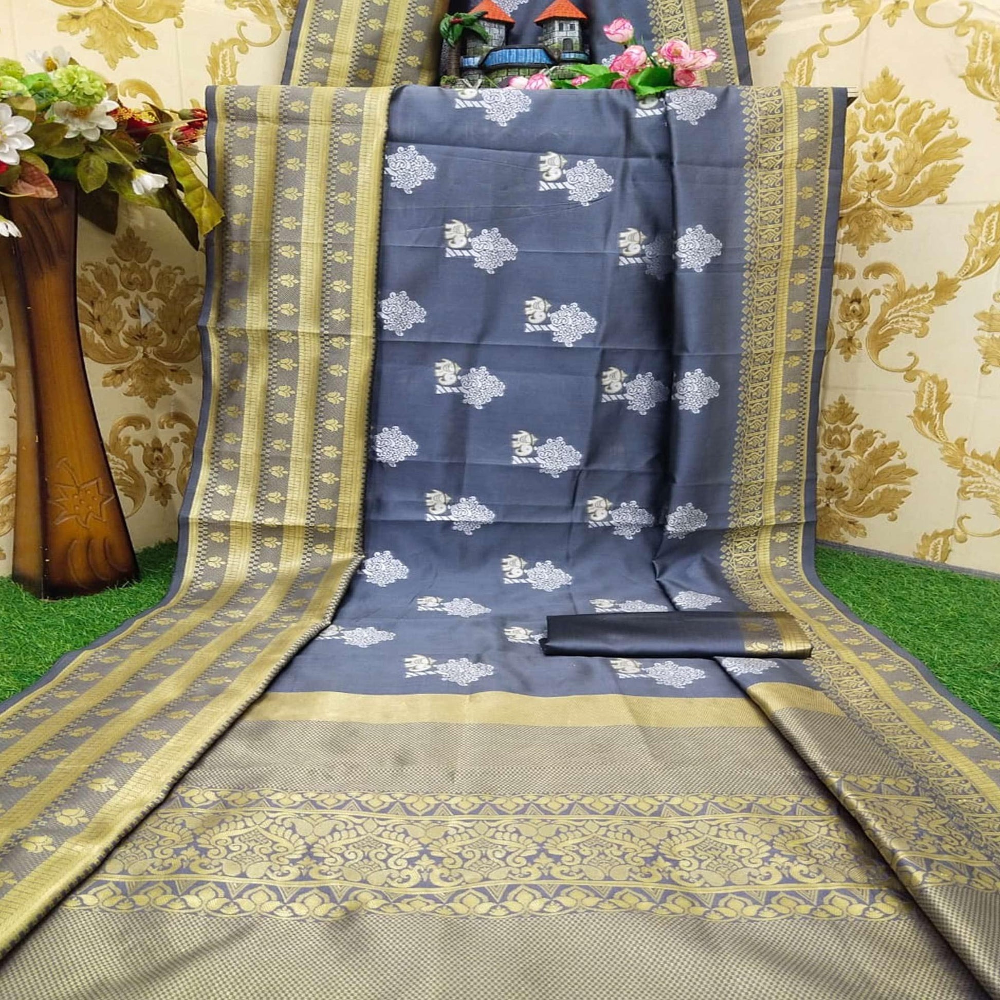 Jazzy Grey Colored Festive Wear Woven Kanchipuram Lichi Silk Saree