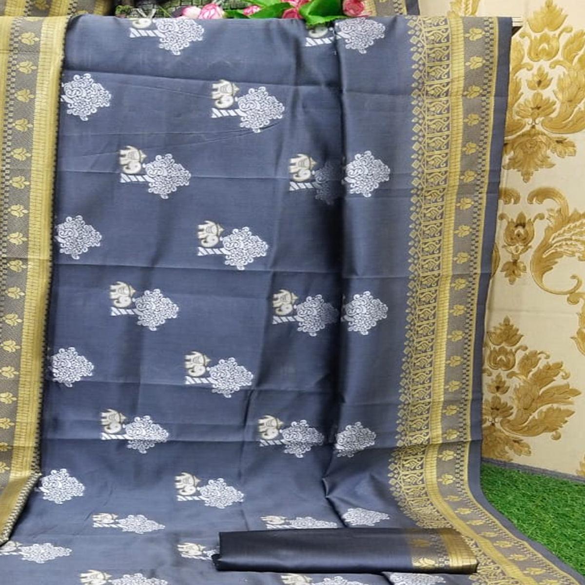 Jazzy Grey Colored Festive Wear Woven Kanchipuram Lichi Silk Saree