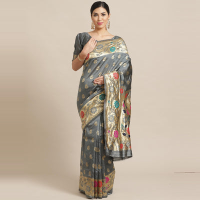Jazzy Grey Colored Festive Wear Woven Silk Blend Banarasi Saree
