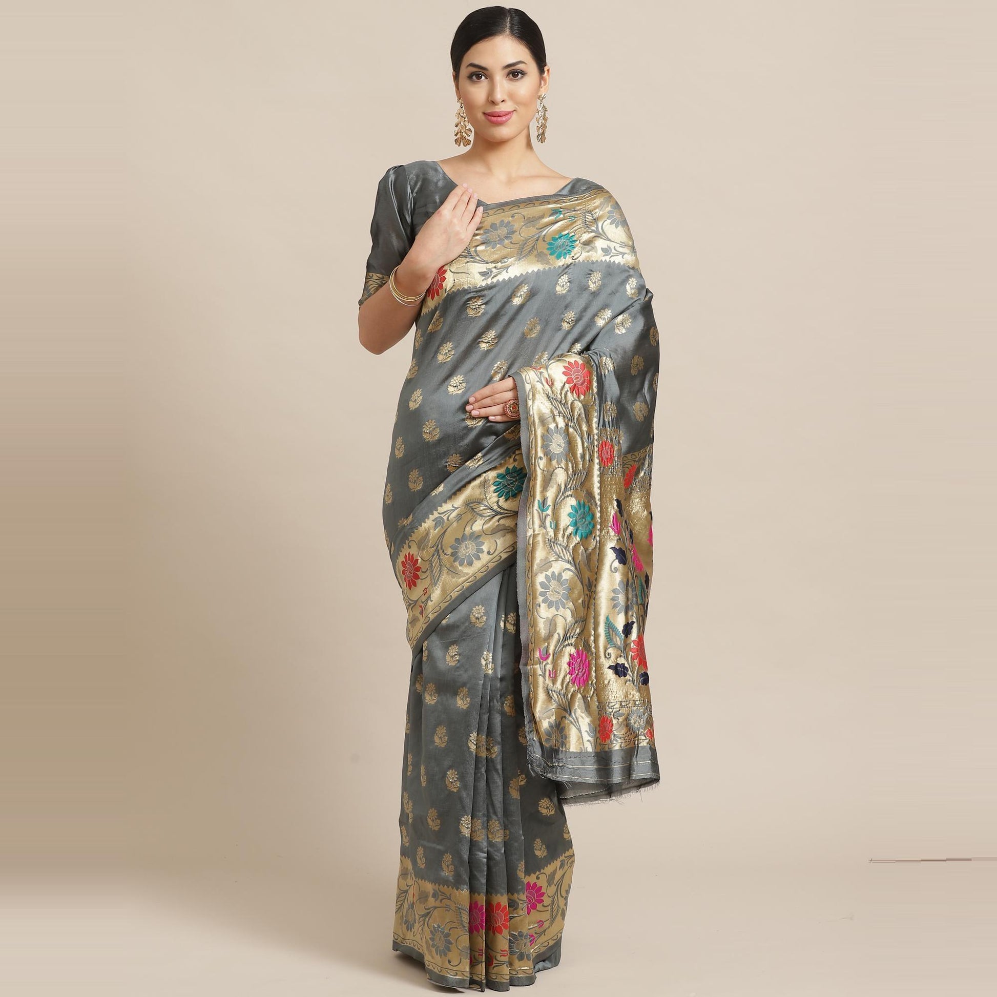 Jazzy Grey Colored Festive Wear Woven Silk Blend Banarasi Saree