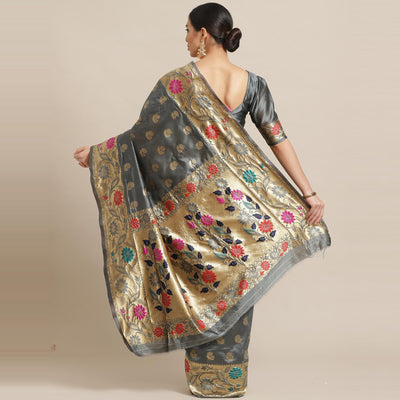 Jazzy Grey Colored Festive Wear Woven Silk Blend Banarasi Saree