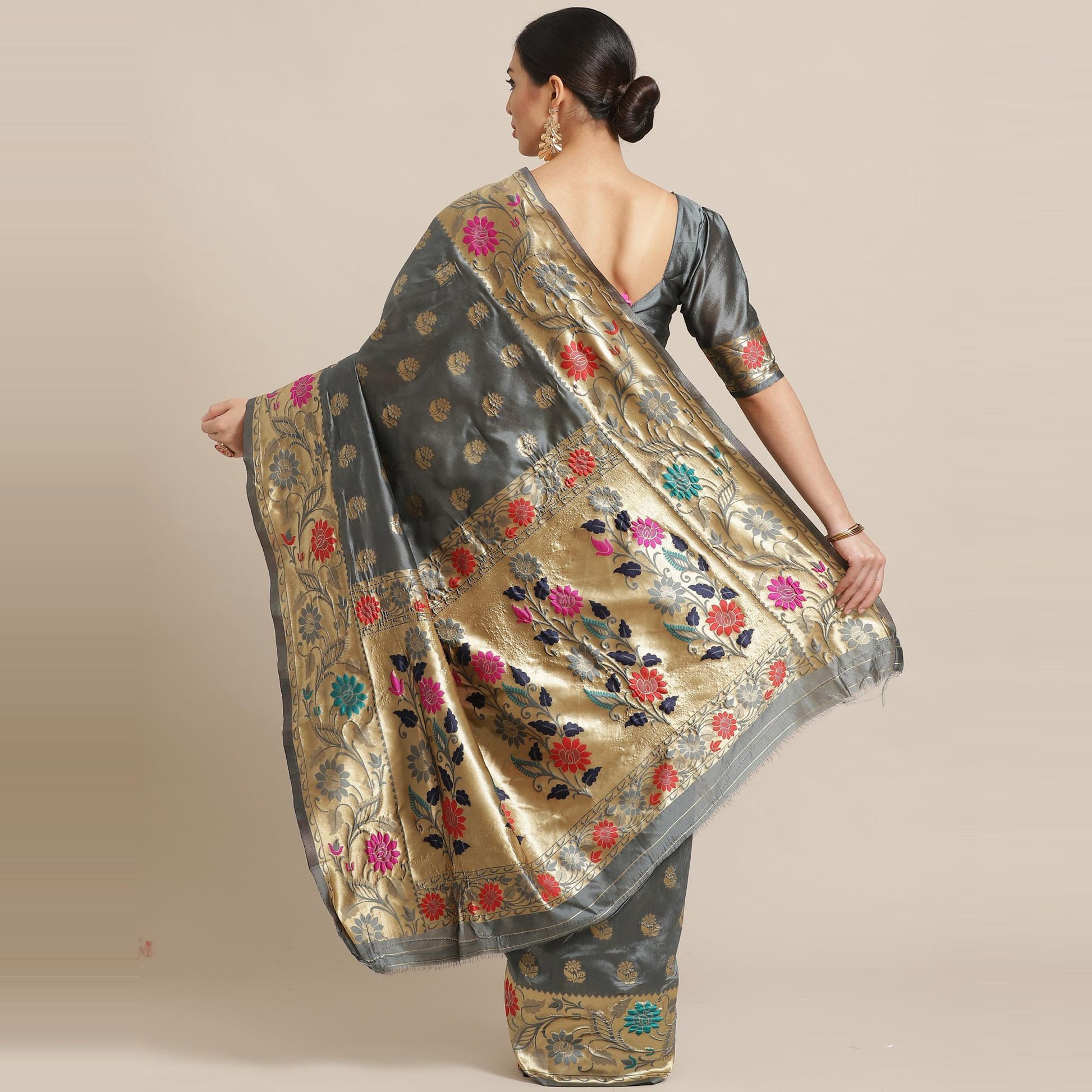 Jazzy Grey Colored Festive Wear Woven Silk Blend Banarasi Saree