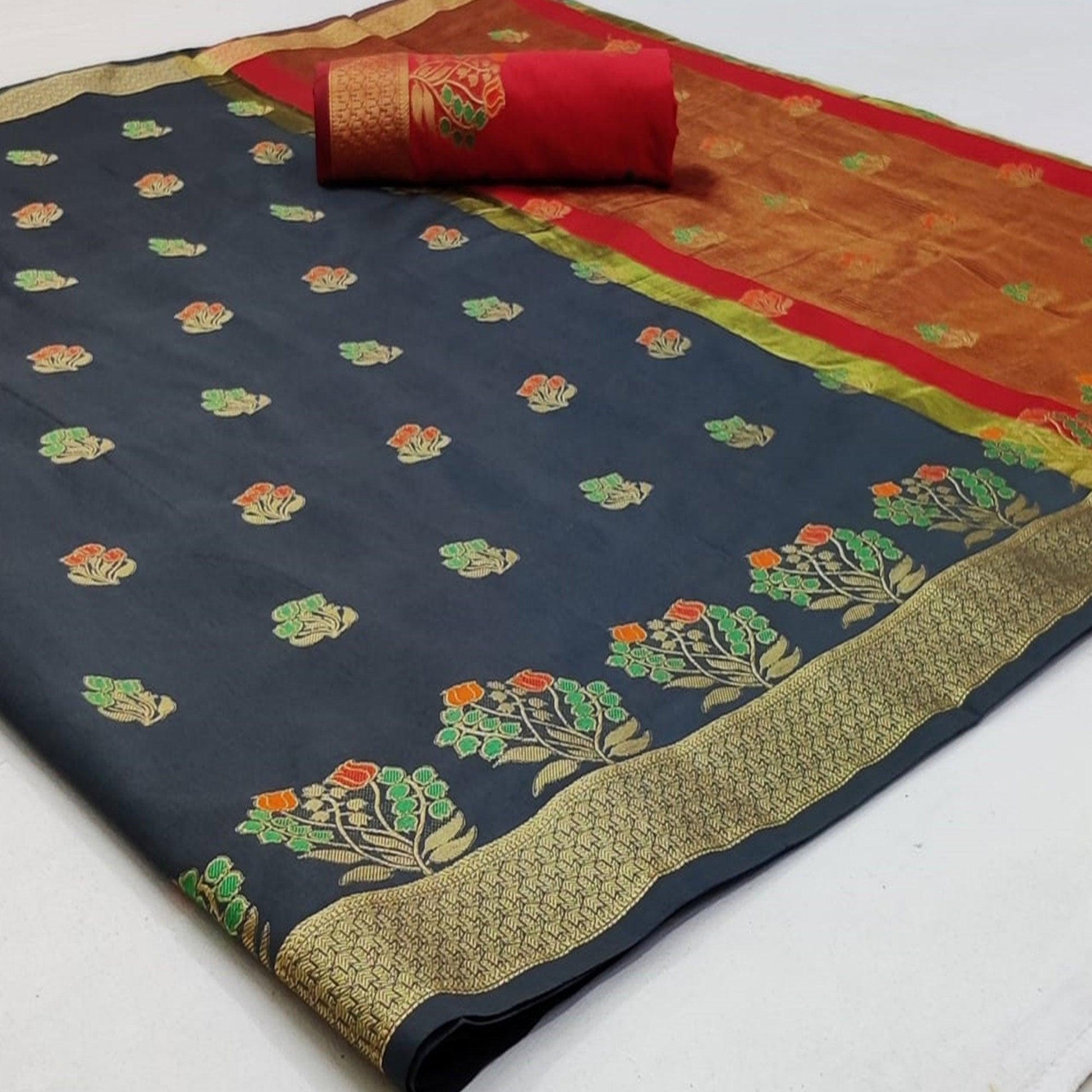 Jazzy Grey Colored Festive Wear Woven Soft Silk Saree