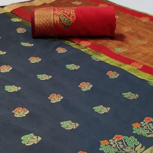 Jazzy Grey Colored Festive Wear Woven Soft Silk Saree