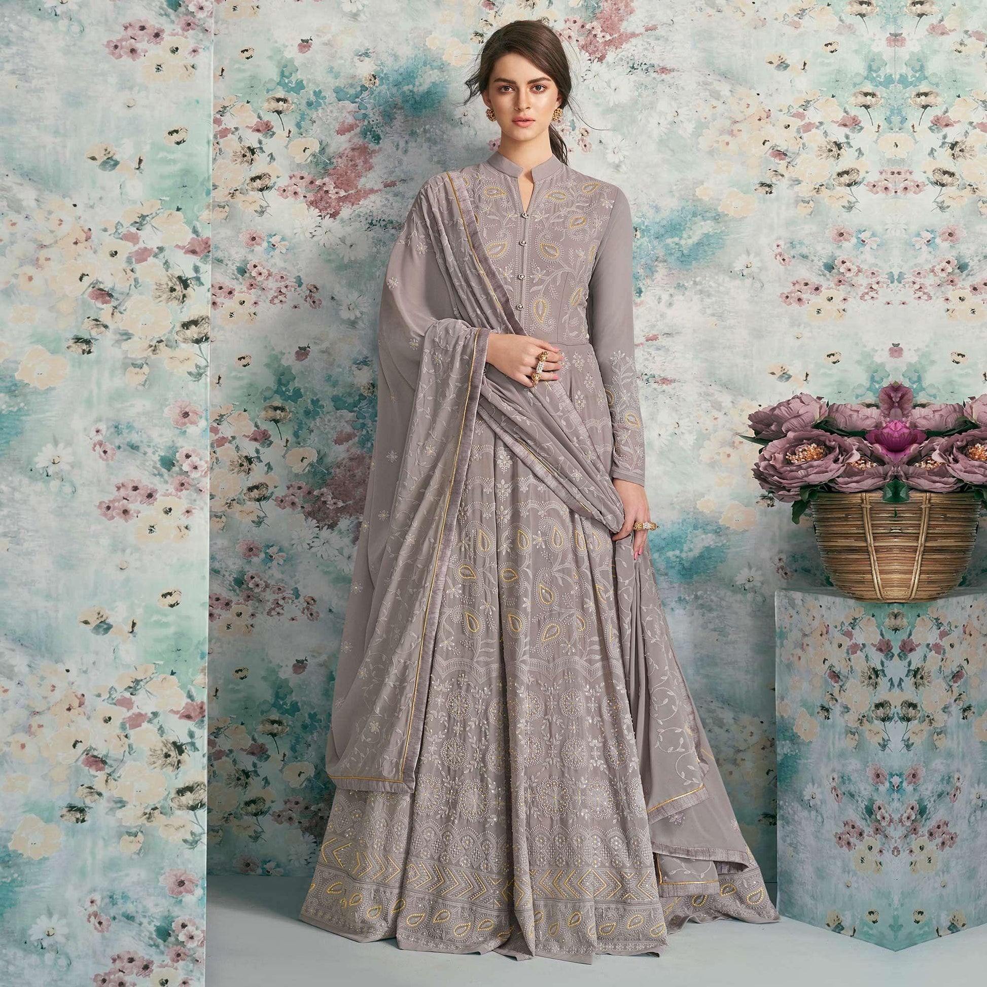 Jazzy Grey Colored Party Wear Embroidered Heavy Faux Georgette Anarkali Suit