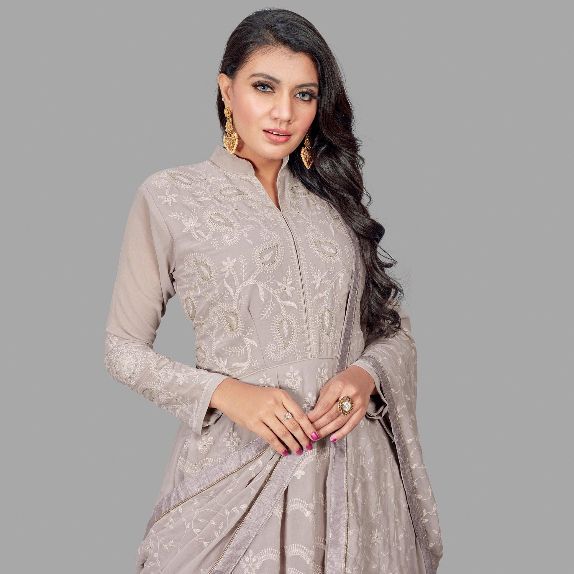 Jazzy Grey Colored Party Wear Embroidered Heavy Faux Georgette Anarkali Suit