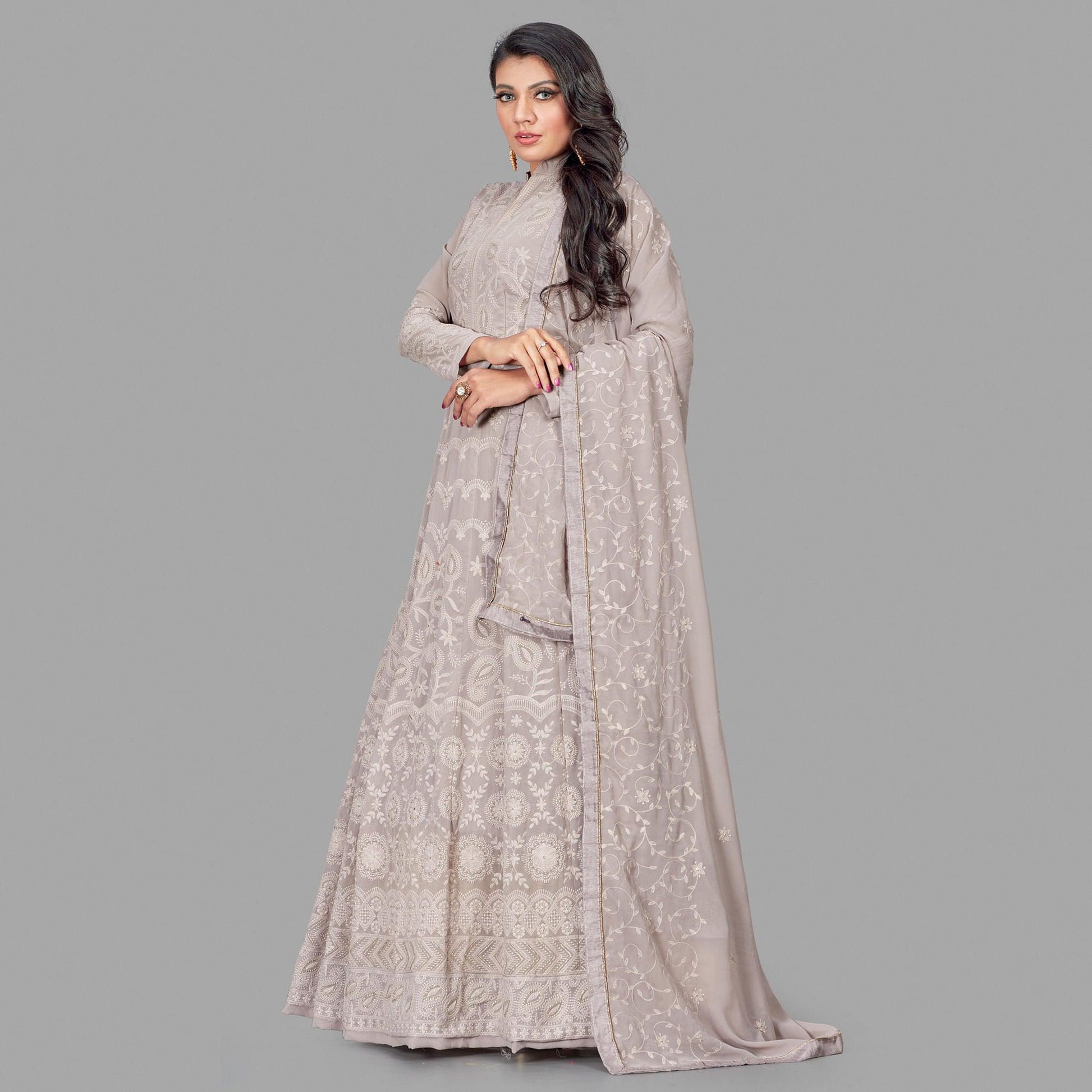 Jazzy Grey Colored Party Wear Embroidered Heavy Faux Georgette Anarkali Suit