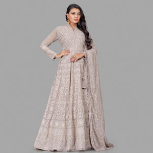 Jazzy Grey Colored Party Wear Embroidered Heavy Faux Georgette Anarkali Suit