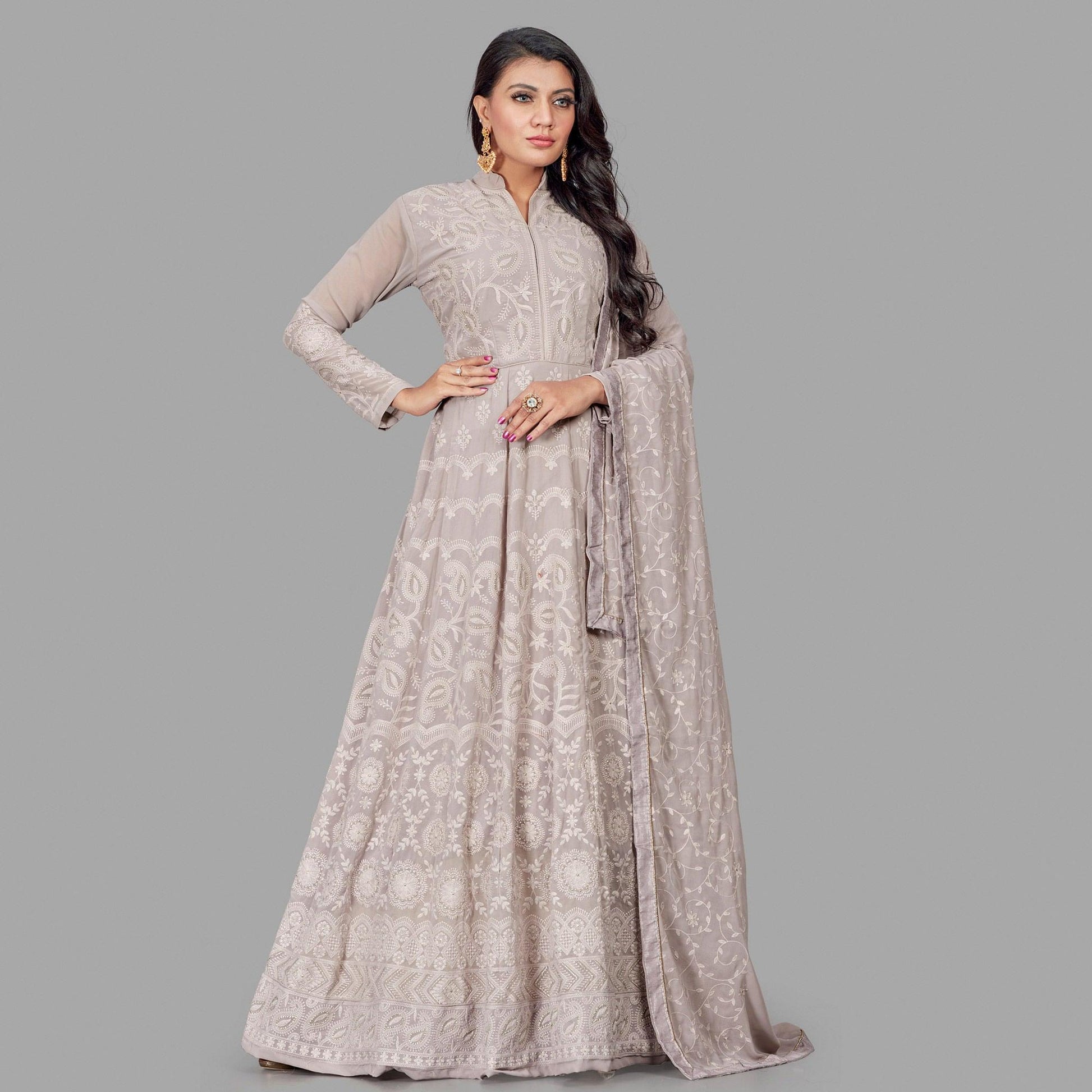 Jazzy Grey Colored Party Wear Embroidered Heavy Faux Georgette Anarkali Suit